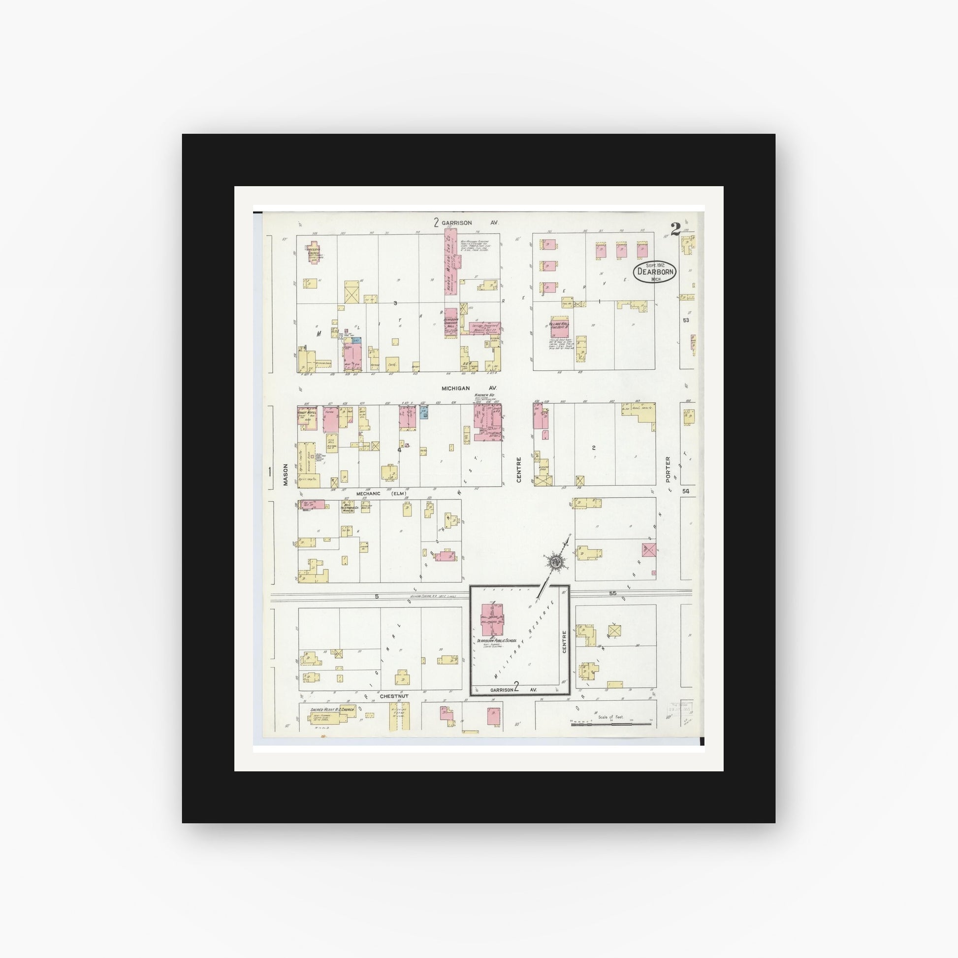 Old map wall art mockup — black gallery frame with white mat — Sanborn Fire Insurance Map from Dearborn, Wayne County, Michigan (1912), Sheet #0002