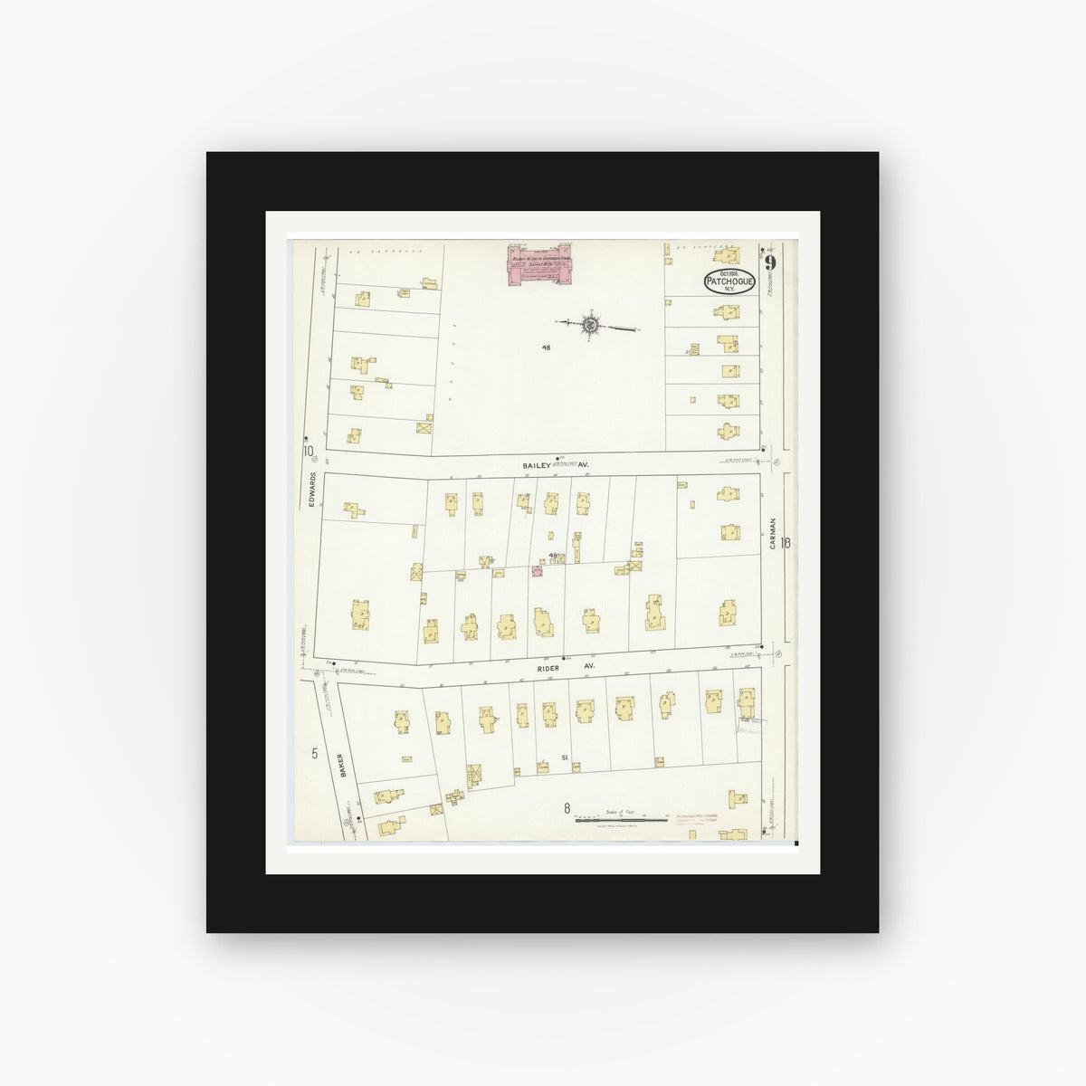 Old map wall art mockup — black gallery frame with white mat — Sanborn Fire Insurance Map from Patchogue, Suffolk County, New York (1916), Sheet #0009