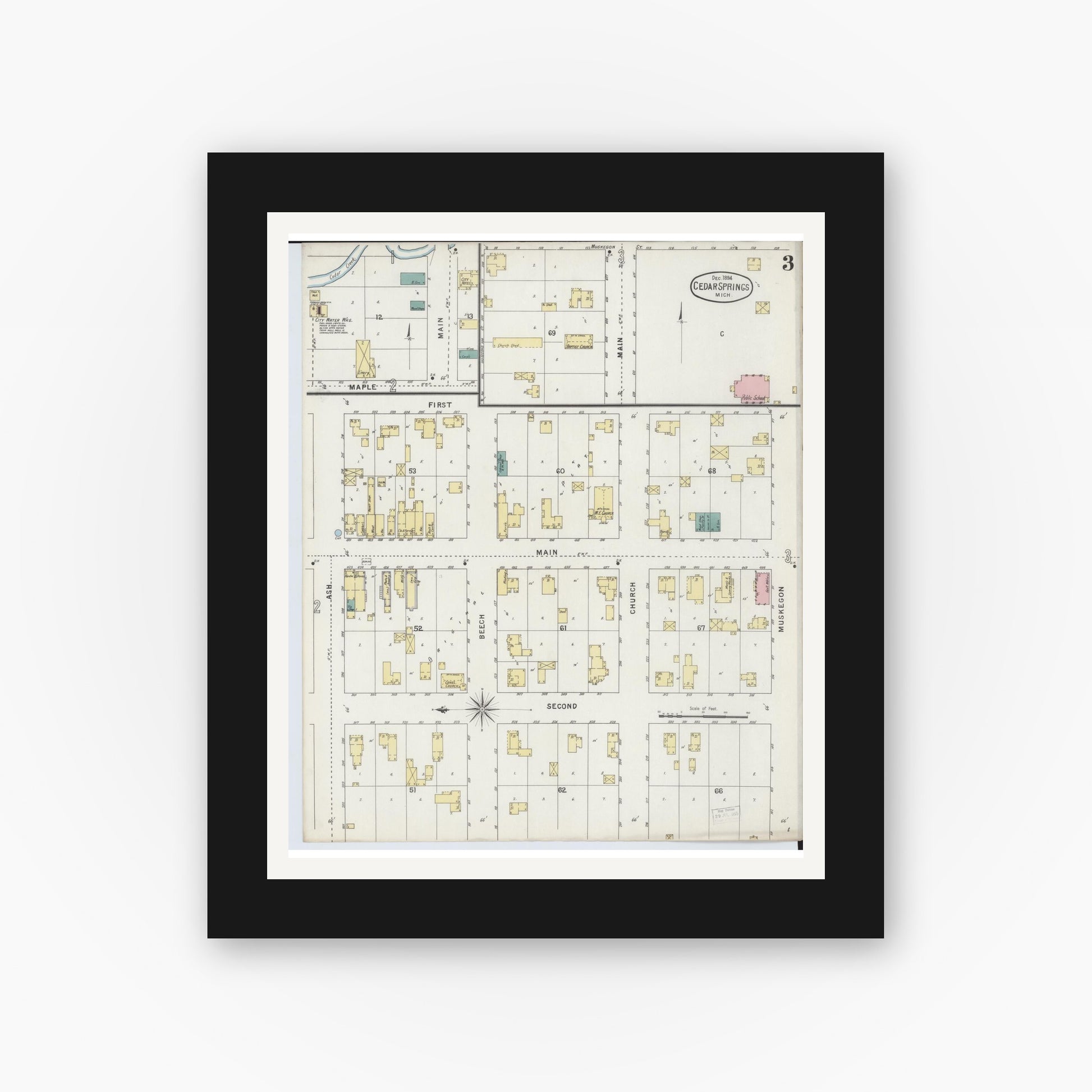 Old map wall art mockup — black gallery frame with white mat — Sanborn Fire Insurance Map from Cedar Springs, Kent County, Michigan (1894), Sheet #0003
