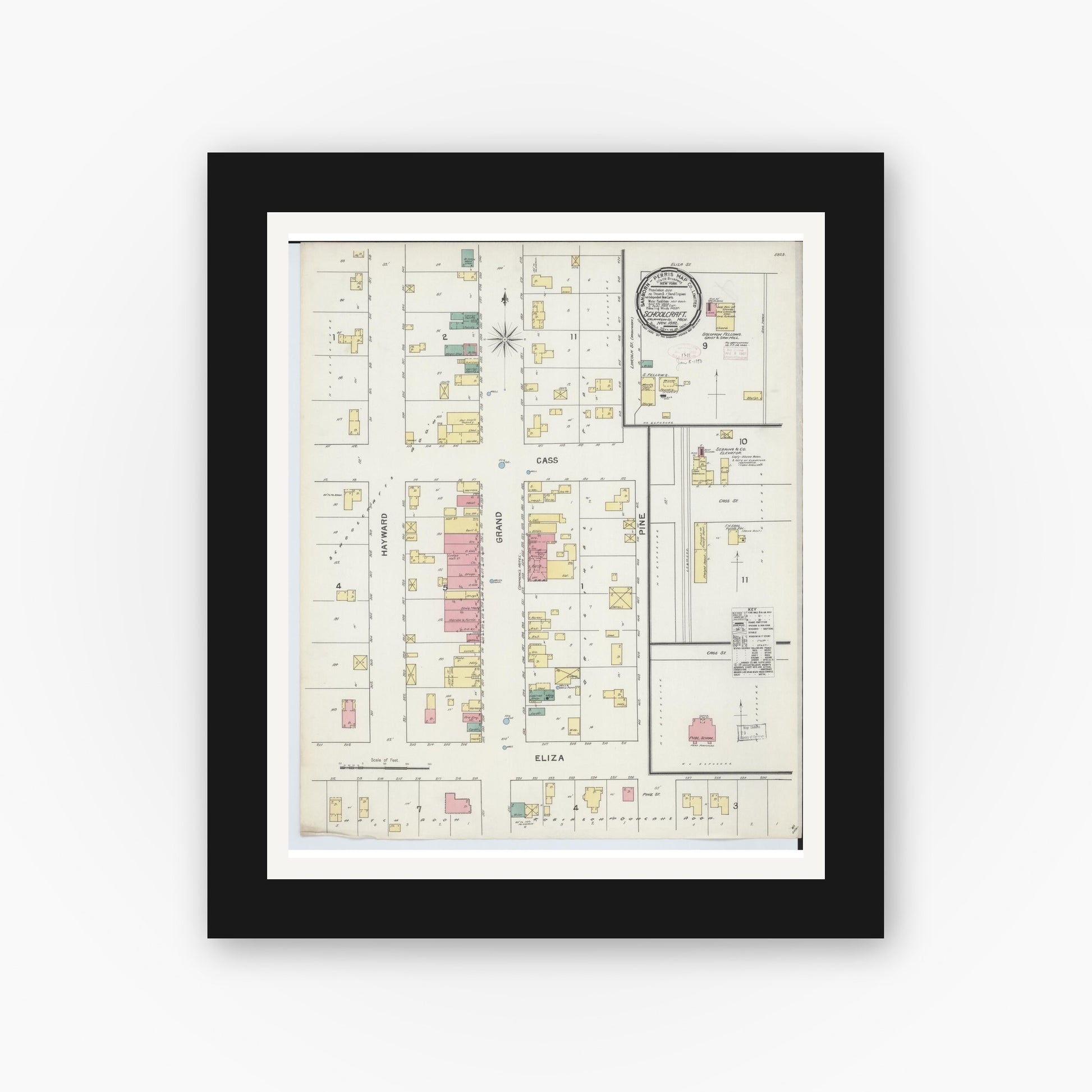 Old map wall art mockup — black gallery frame with white mat — Sanborn Fire Insurance Map from Schoolcraft, Kalamazoo County, Michigan (1892), Sheet #0001