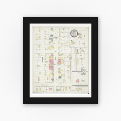 Old map wall art mockup — black gallery frame with white mat — Sanborn Fire Insurance Map from Schoolcraft, Kalamazoo County, Michigan (1892), Sheet #0001
