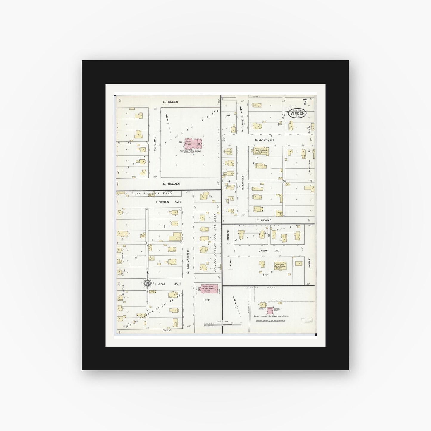 Old map wall art mockup — black gallery frame with white mat — Sanborn Fire Insurance Map from Virden, Macoupin County, Illinois (1914), Sheet #0007