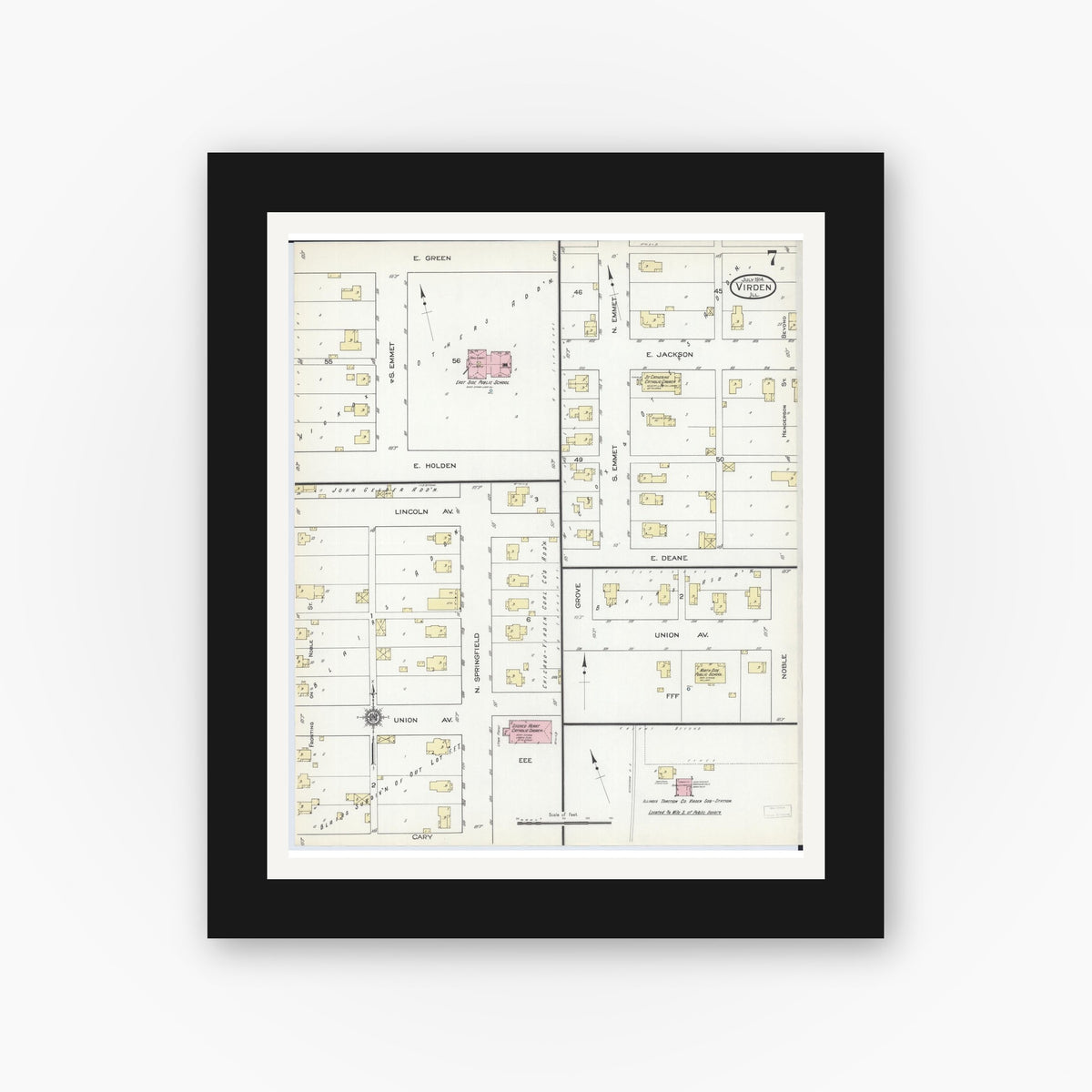 Old map wall art mockup — black gallery frame with white mat — Sanborn Fire Insurance Map from Virden, Macoupin County, Illinois (1914), Sheet #0007