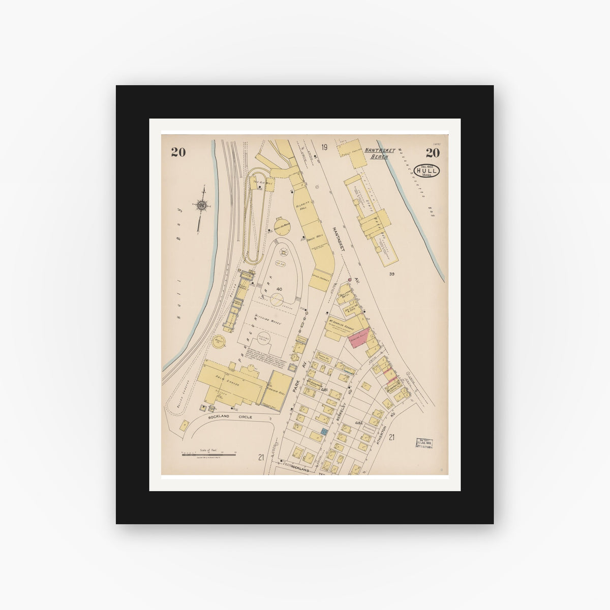 Old map wall art mockup — black gallery frame with white mat — Sanborn Fire Insurance Map from Hull, Plymouth County, Massachusetts (1922), Sheet #0020