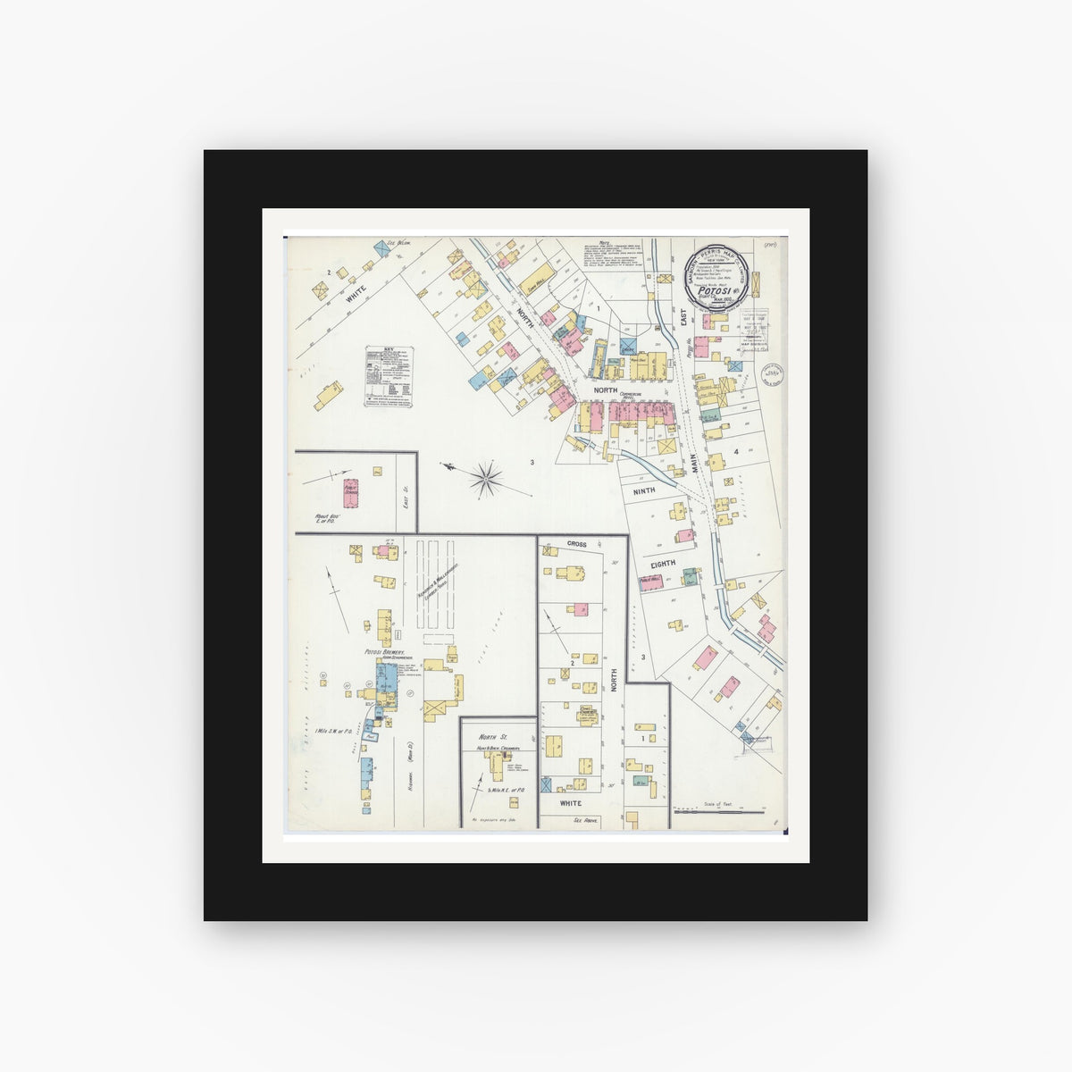 Old map wall art mockup — black gallery frame with white mat — Sanborn Fire Insurance Map from Potosi, Grant County, Wisconsin (1900), Sheet #0001