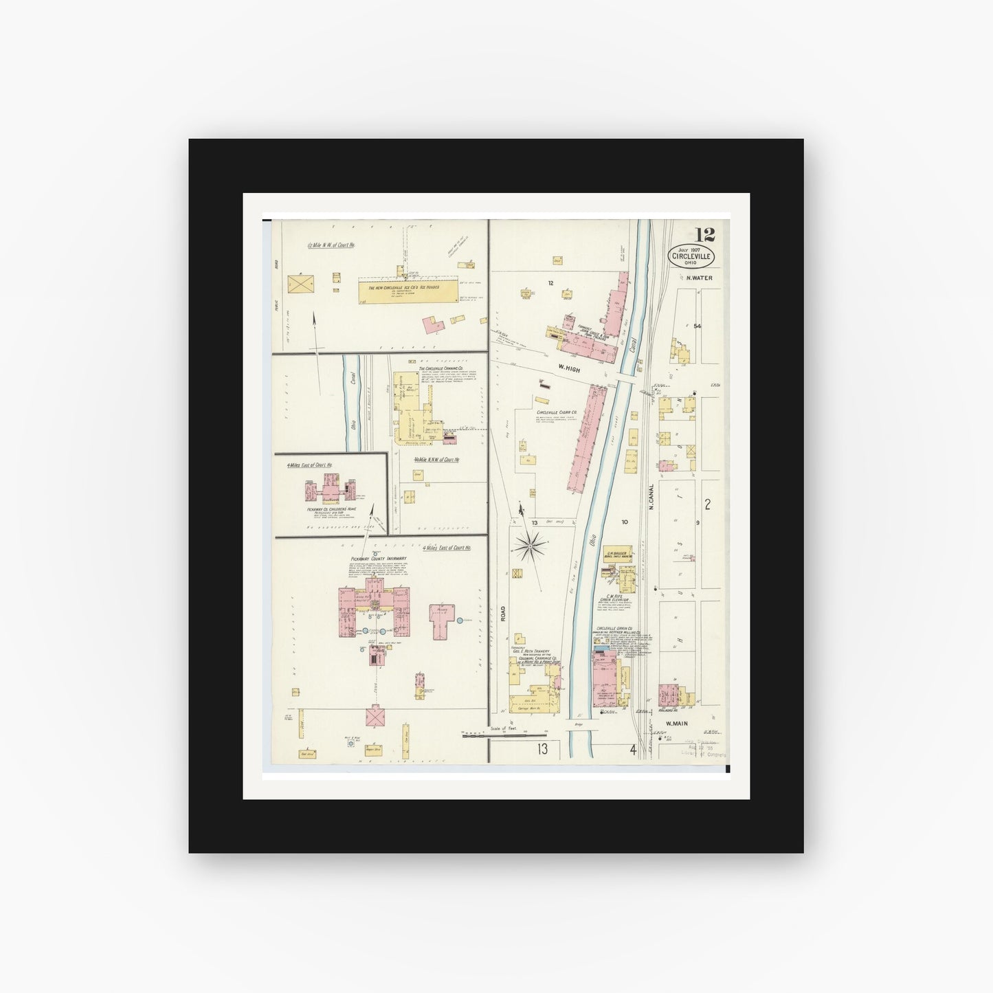 Old map wall art mockup — black gallery frame with white mat — Sanborn Fire Insurance Map from Circleville, Pickaway County, Ohio (1907), Sheet #0012
