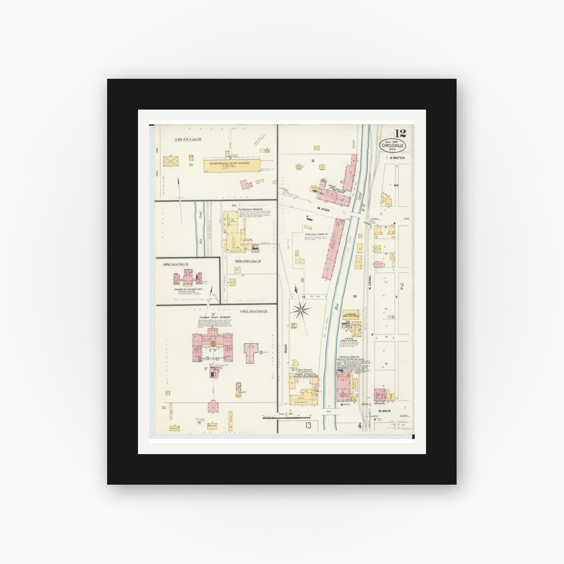Old map wall art mockup — black gallery frame with white mat — Sanborn Fire Insurance Map from Circleville, Pickaway County, Ohio (1907), Sheet #0012