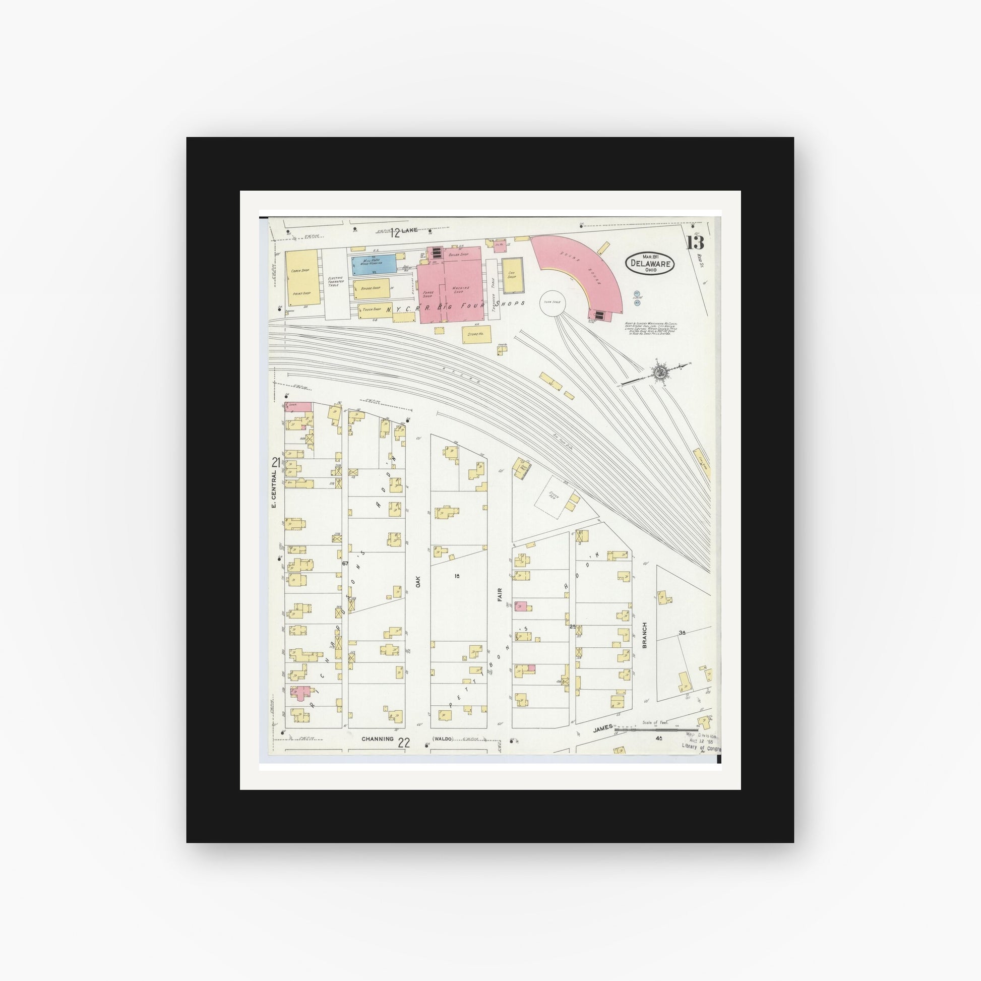 Old map wall art mockup — black gallery frame with white mat — Sanborn Fire Insurance Map from Delaware, Delaware County, Ohio (1911), Sheet #0013