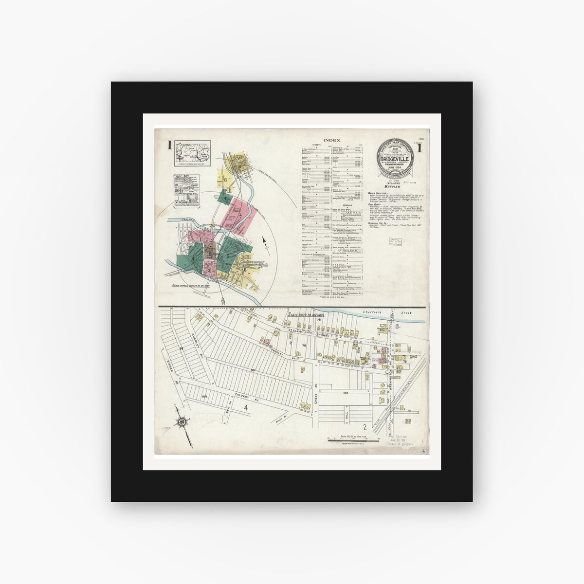 Old map wall art mockup — black gallery frame with white mat — Sanborn Fire Insurance Map from Bridgeville, Allegheny County, Pennsylvania (1924) - Complete Map Set