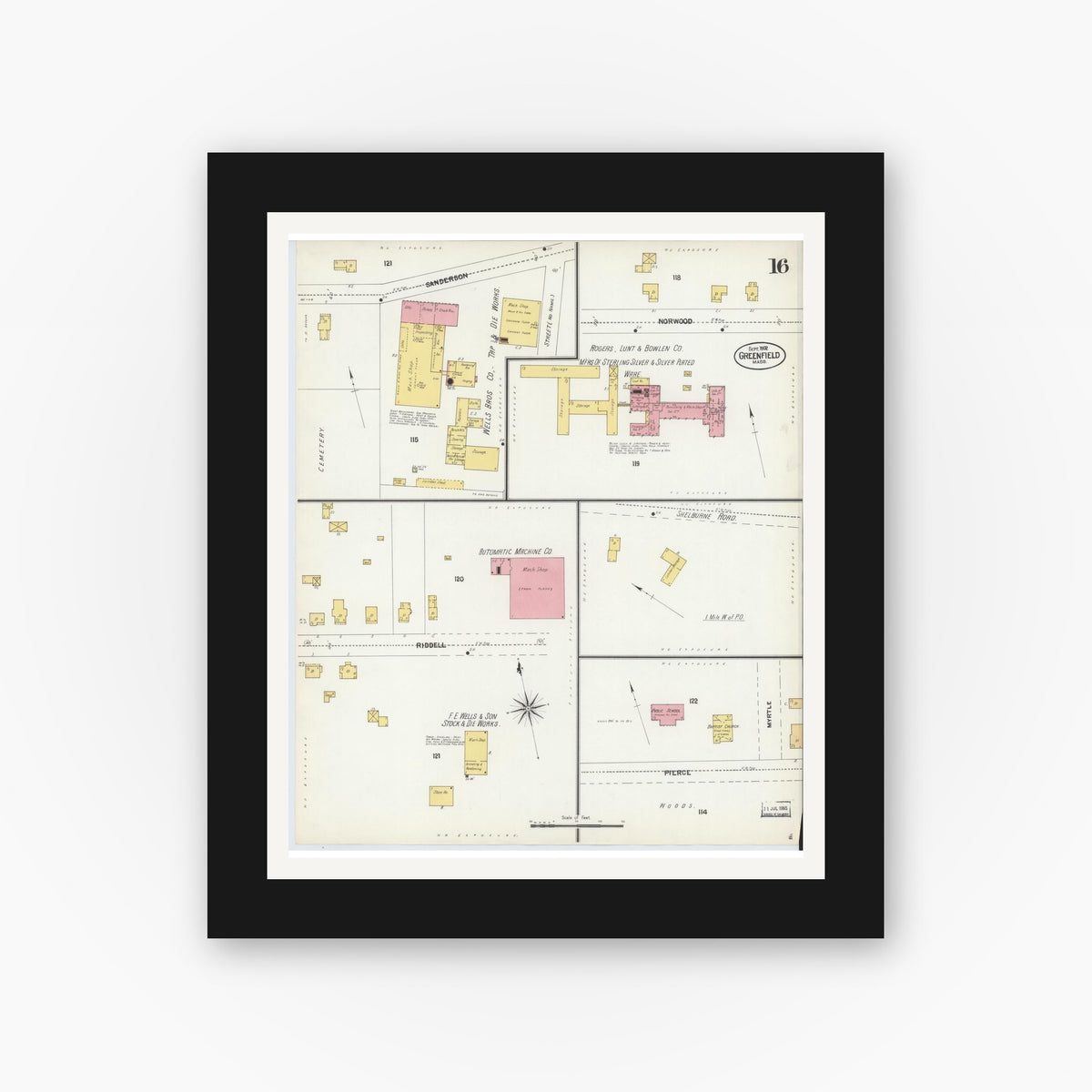 Old map wall art mockup — black gallery frame with white mat — Sanborn Fire Insurance Map from Greenfield, Franklin County, Massachusetts (1902), Sheet #0015