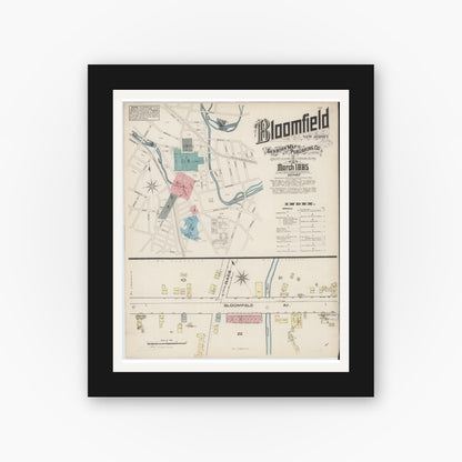 Old map wall art mockup — black gallery frame with white mat — Sanborn Fire Insurance Map from Bloomfield, Essex County, New Jersey (1885) - Complete Map Set