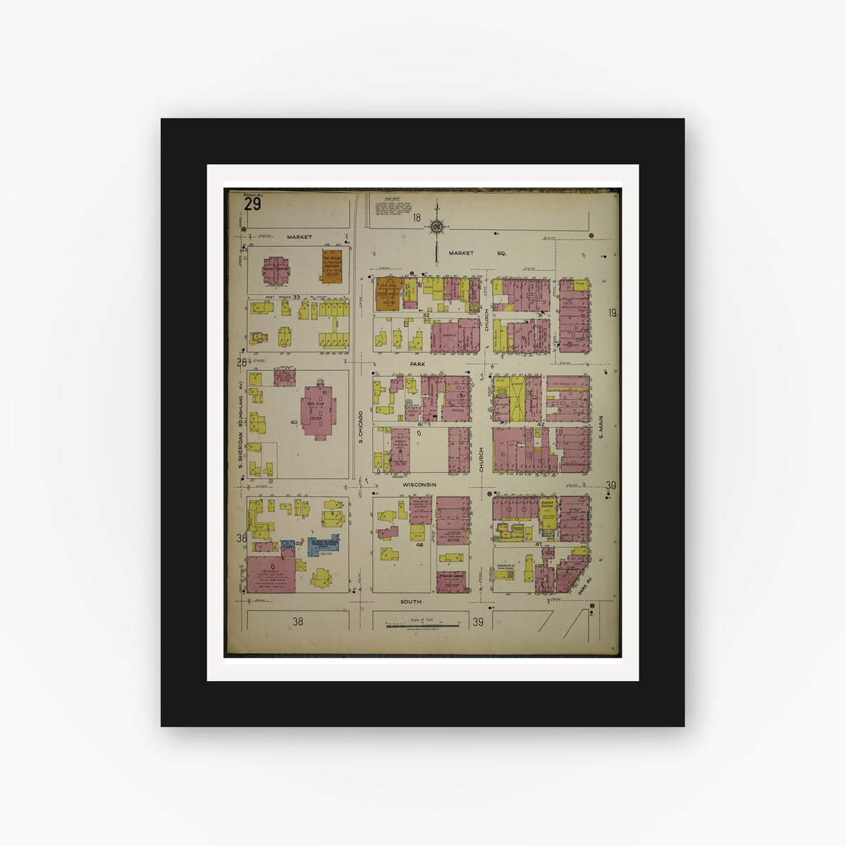 Old map wall art mockup — black gallery frame with white mat — Sanborn Fire Insurance Map from Kenosha, Kenosha County, Wisconsin. (1918), Sheet 33