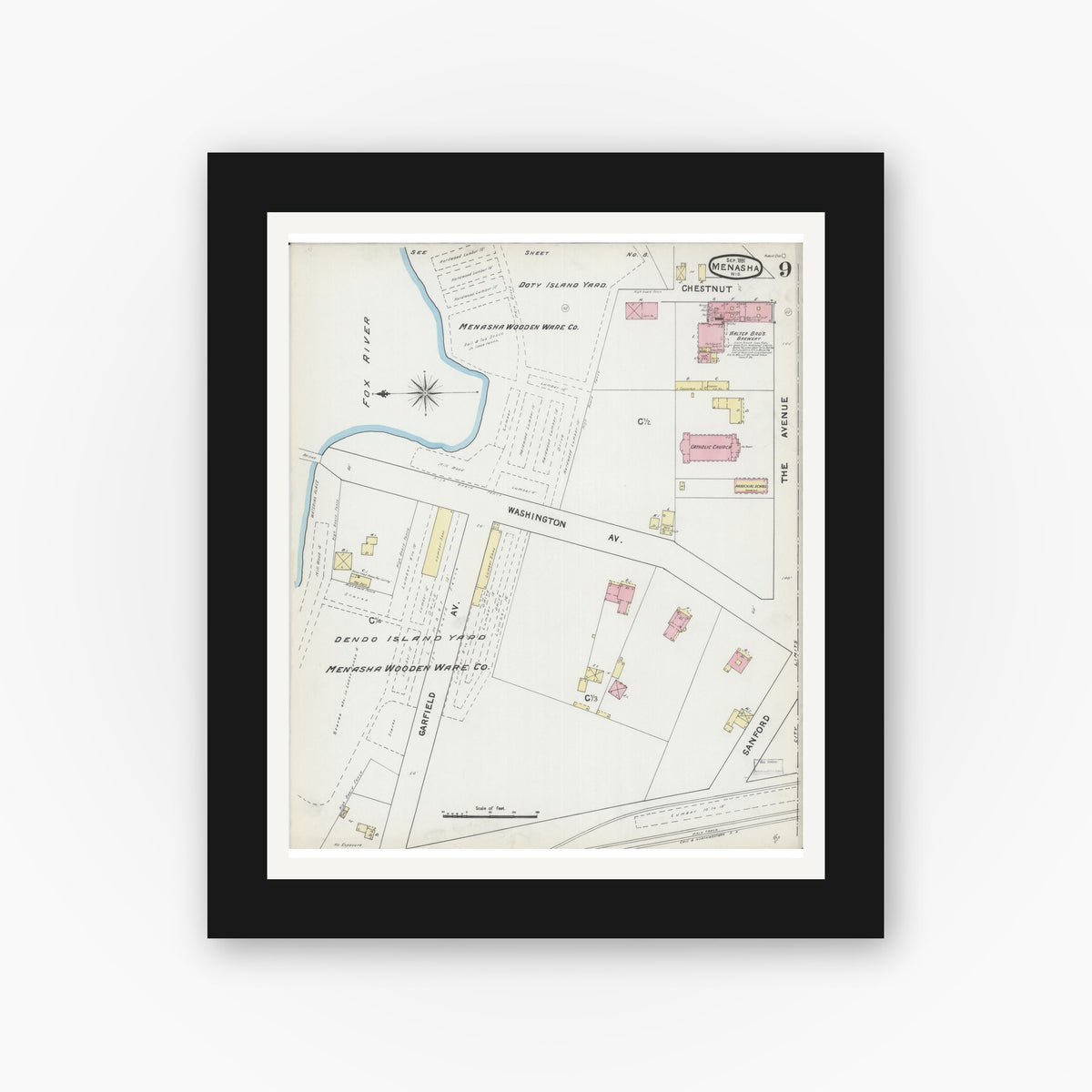 Old map wall art mockup — black gallery frame with white mat — Sanborn Fire Insurance Map from Menasha, Winnebago County, Wisconsin (1891), Sheet #0009