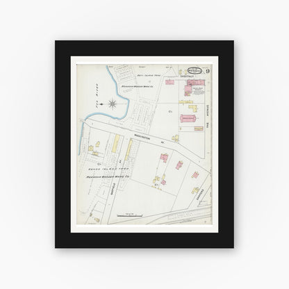 Old map wall art mockup — black gallery frame with white mat — Sanborn Fire Insurance Map from Menasha, Winnebago County, Wisconsin (1891), Sheet #0009