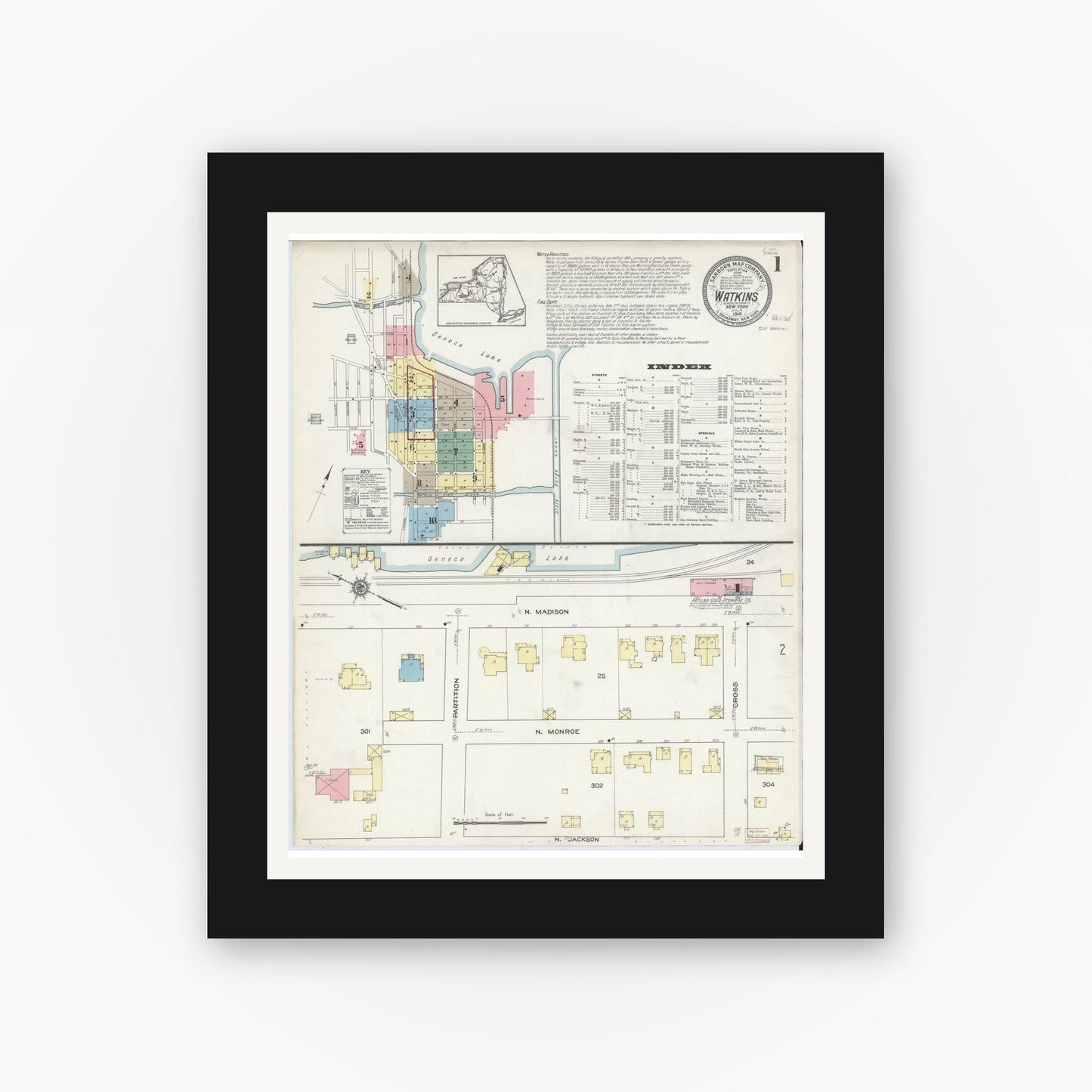 Old map wall art mockup — black gallery frame with white mat — Sanborn Fire Insurance Map from Watkins Glen, Schuyler County, New York (1914), Sheet #0001