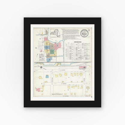 Old map wall art mockup — black gallery frame with white mat — Sanborn Fire Insurance Map from Watkins Glen, Schuyler County, New York (1914), Sheet #0001