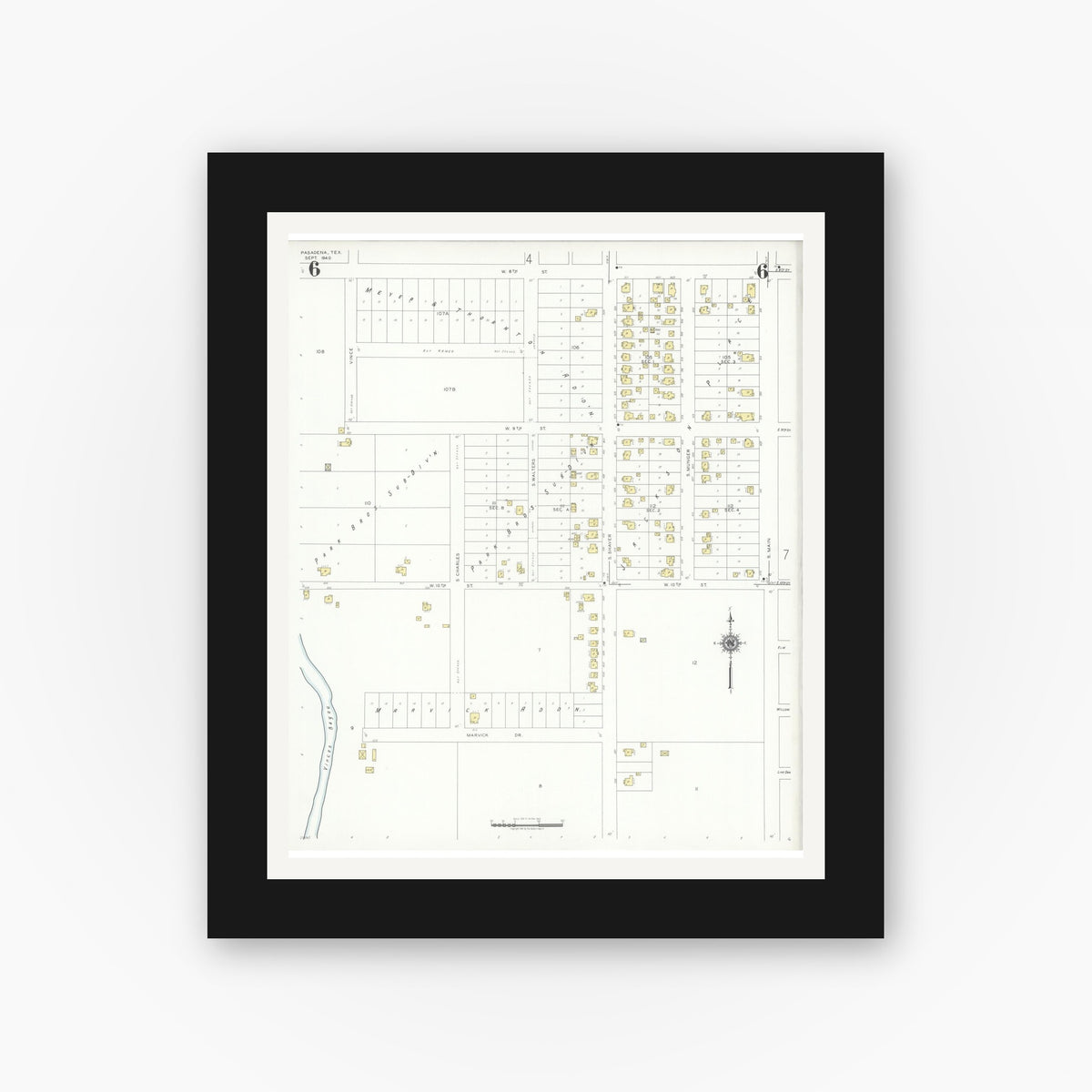 Old map wall art mockup — black gallery frame with white mat — Sanborn Fire Insurance Map from Pasadena, Harris County, Texas (1940), Sheet #0006