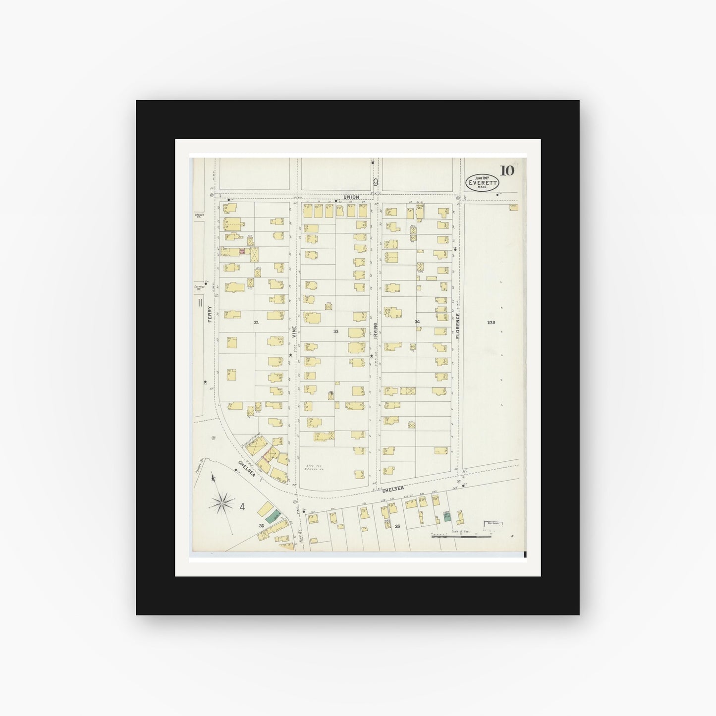 Old map wall art mockup — black gallery frame with white mat — Sanborn Fire Insurance Map from Everett, Middlesex County, Massachusetts (1897), Sheet #0010