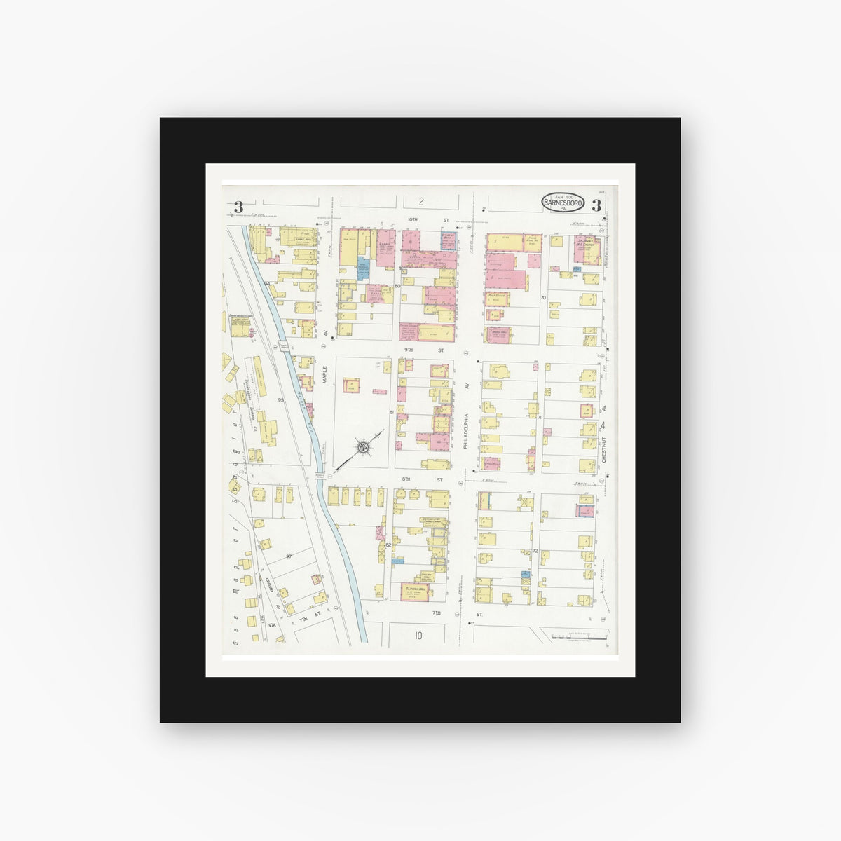 Old map wall art mockup — black gallery frame with white mat — Sanborn Fire Insurance Map from Barnesboro, Cambria County, Pennsylvania (1930), Sheet #0003
