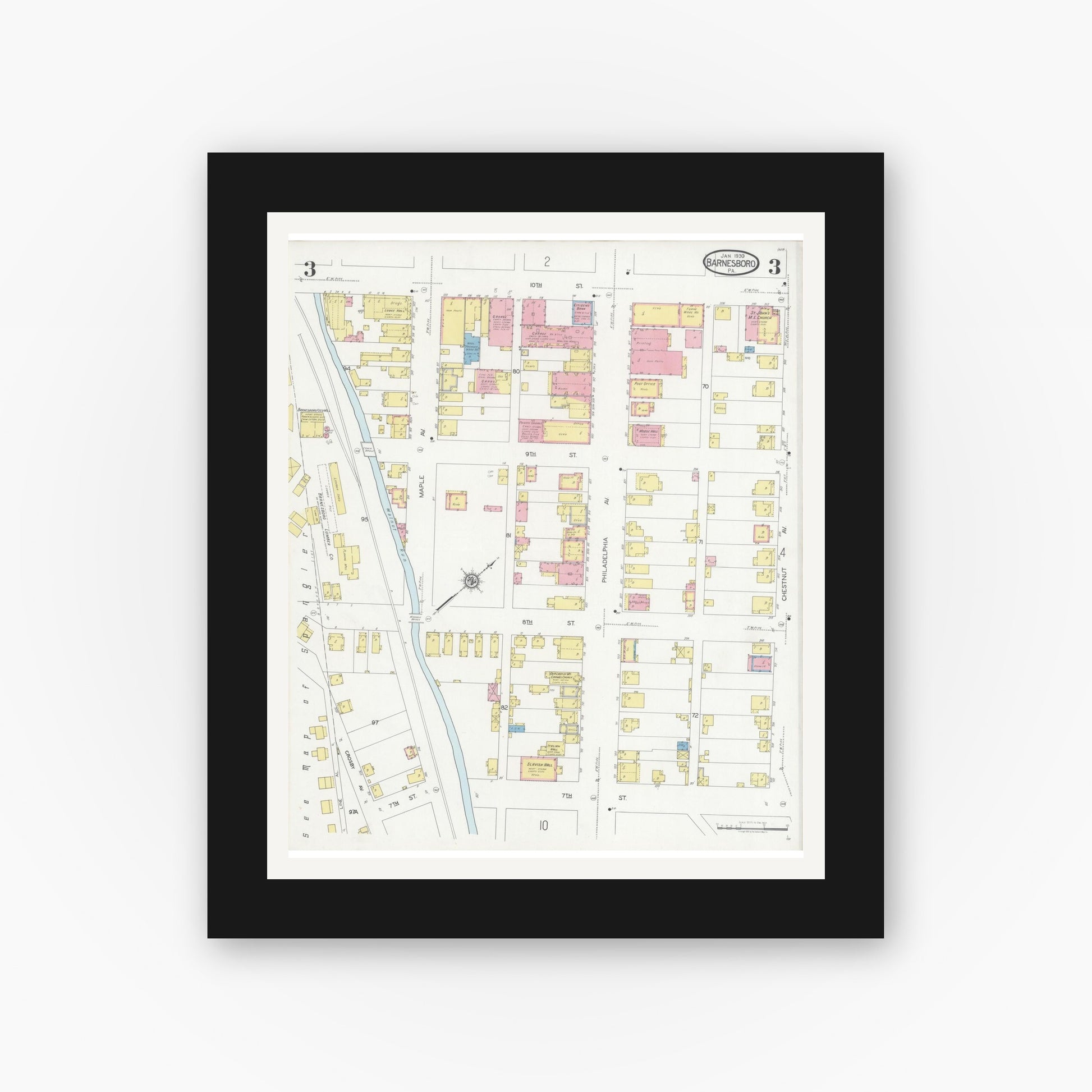 Old map wall art mockup — black gallery frame with white mat — Sanborn Fire Insurance Map from Barnesboro, Cambria County, Pennsylvania (1930), Sheet #0003