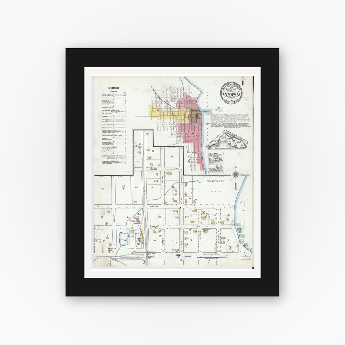Old map wall art mockup — black gallery frame with white mat — Sanborn Fire Insurance Map from Titusville, Brevard County, Florida (1920) - Complete Map Set