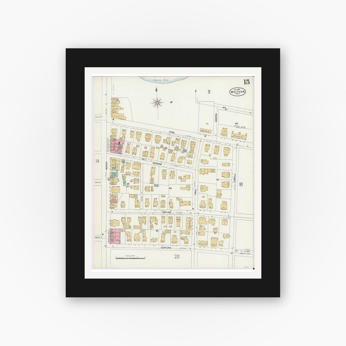 Old map wall art mockup — black gallery frame with white mat — Sanborn Fire Insurance Map from Waltham, Middlesex County, Massachusetts (1897), Sheet #0015