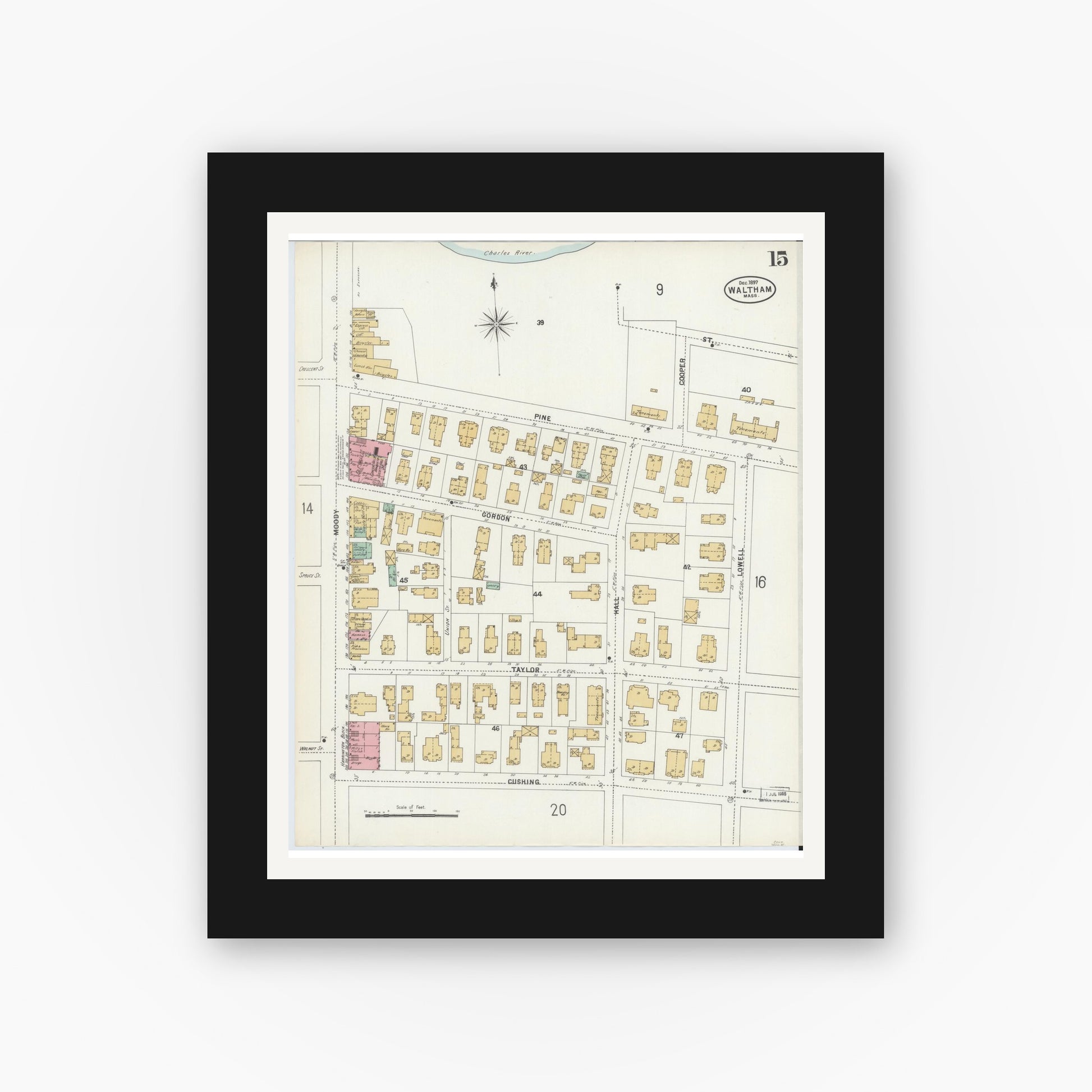 Old map wall art mockup — black gallery frame with white mat — Sanborn Fire Insurance Map from Waltham, Middlesex County, Massachusetts (1897), Sheet #0015