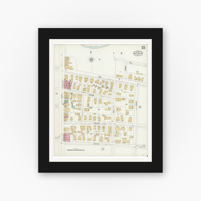 Old map wall art mockup — black gallery frame with white mat — Sanborn Fire Insurance Map from Waltham, Middlesex County, Massachusetts (1897), Sheet #0015