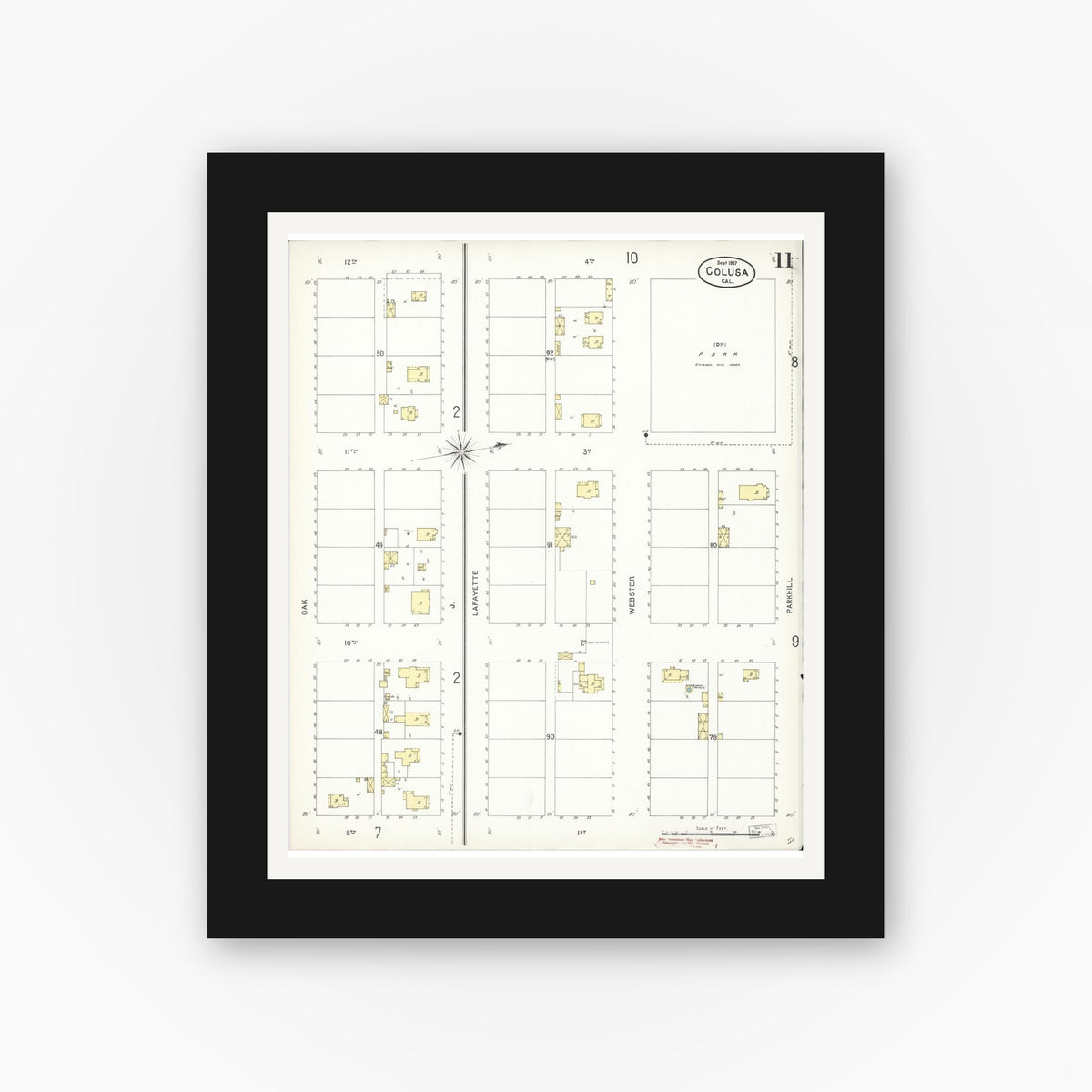 Old map wall art mockup — black gallery frame with white mat — Sanborn Fire Insurance Map from Colusa, Colusa County, California (1897), Sheet #0011