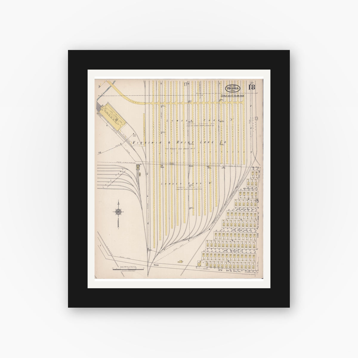 Old map wall art mockup — black gallery frame with white mat — Sanborn Fire Insurance Map from Virginia, Saint Louis County, Minnesota (1921), Sheet #0018