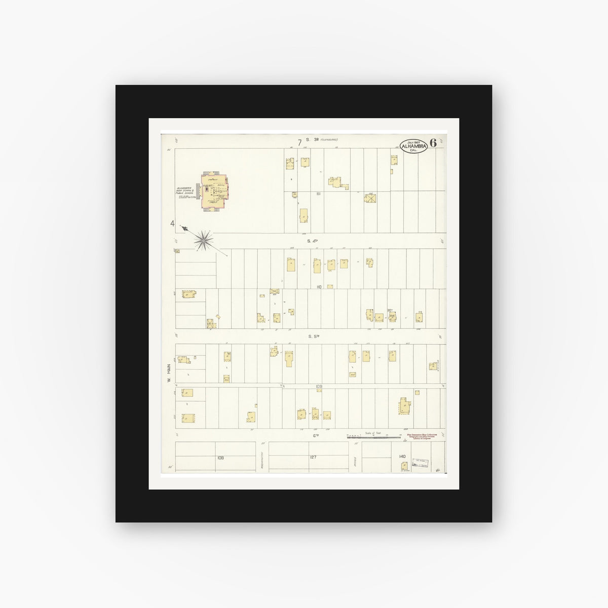 Old map wall art mockup — black gallery frame with white mat — Sanborn Fire Insurance Map from Alhambra, Los Angeles County, California (1907), Sheet #0006