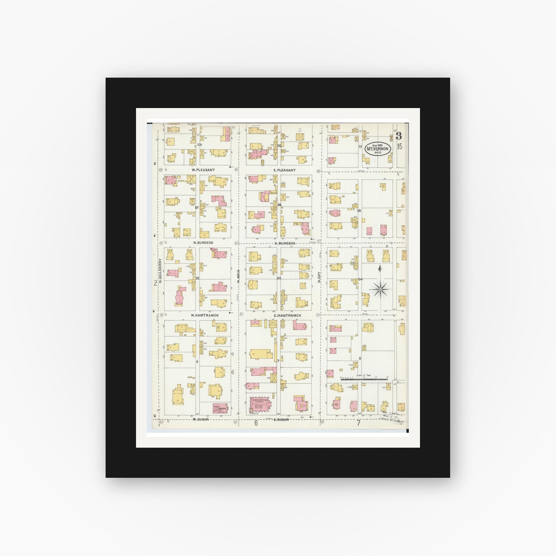 Old map wall art mockup — black gallery frame with white mat — Sanborn Fire Insurance Map from Mount Vernon, Knox County, Ohio (1903), Sheet #0003