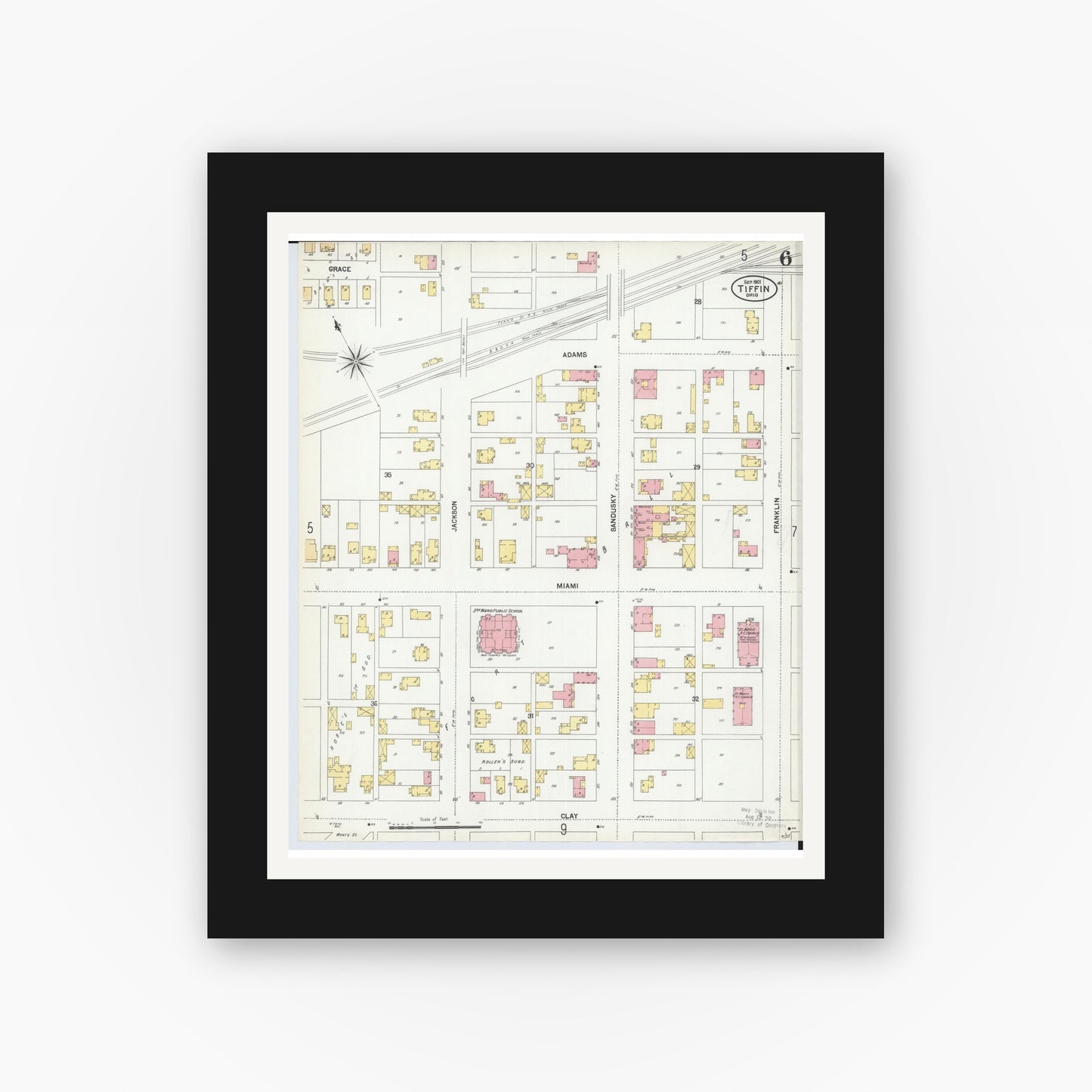 Old map wall art mockup — black gallery frame with white mat — Sanborn Fire Insurance Map from Tiffin, Seneca County, Ohio (1901), Sheet #0006