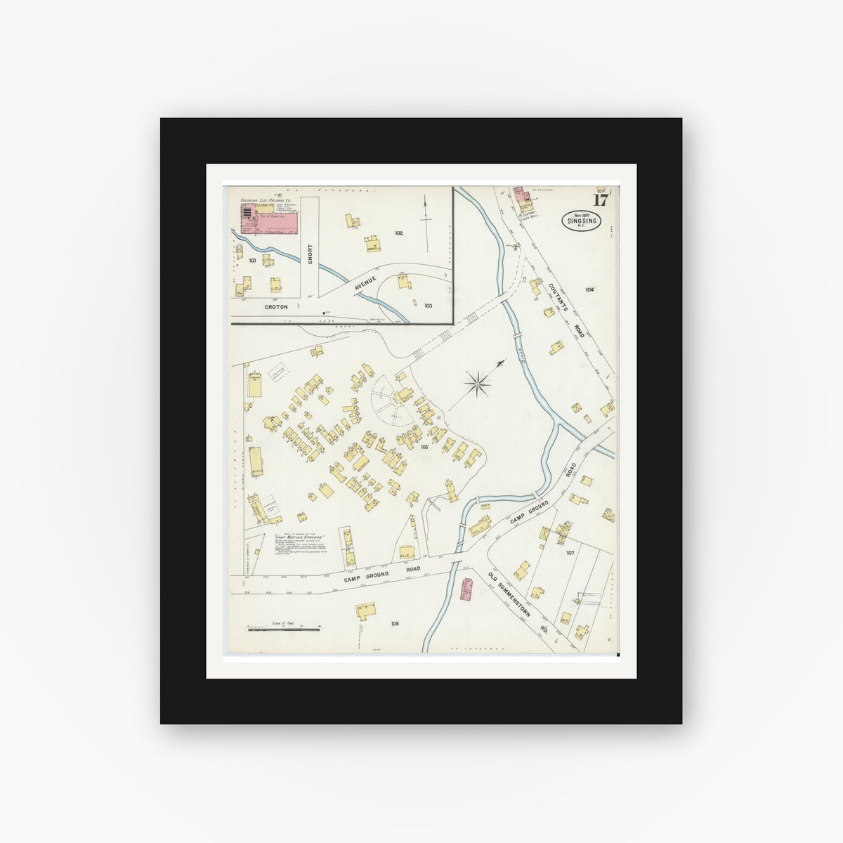 Old map wall art mockup — black gallery frame with white mat — Sanborn Fire Insurance Map from Sing Sing, Westchester County, New York (1897), Sheet #0017