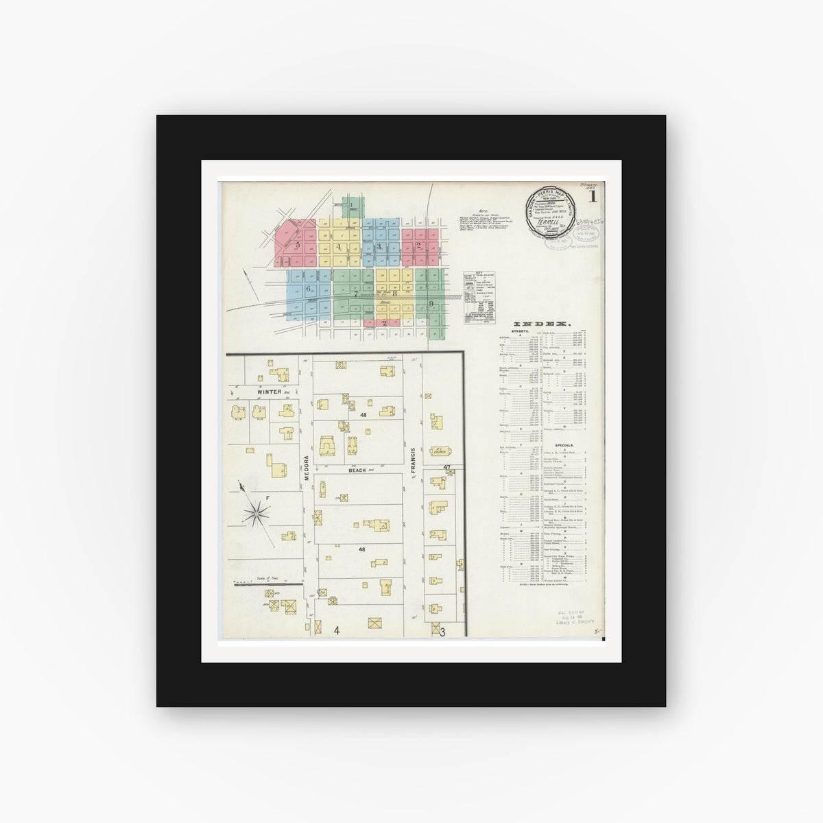 Old map wall art mockup — black gallery frame with white mat — Sanborn Fire Insurance Map from Terrell, Kaufman County, Texas (1897), Sheet #0001
