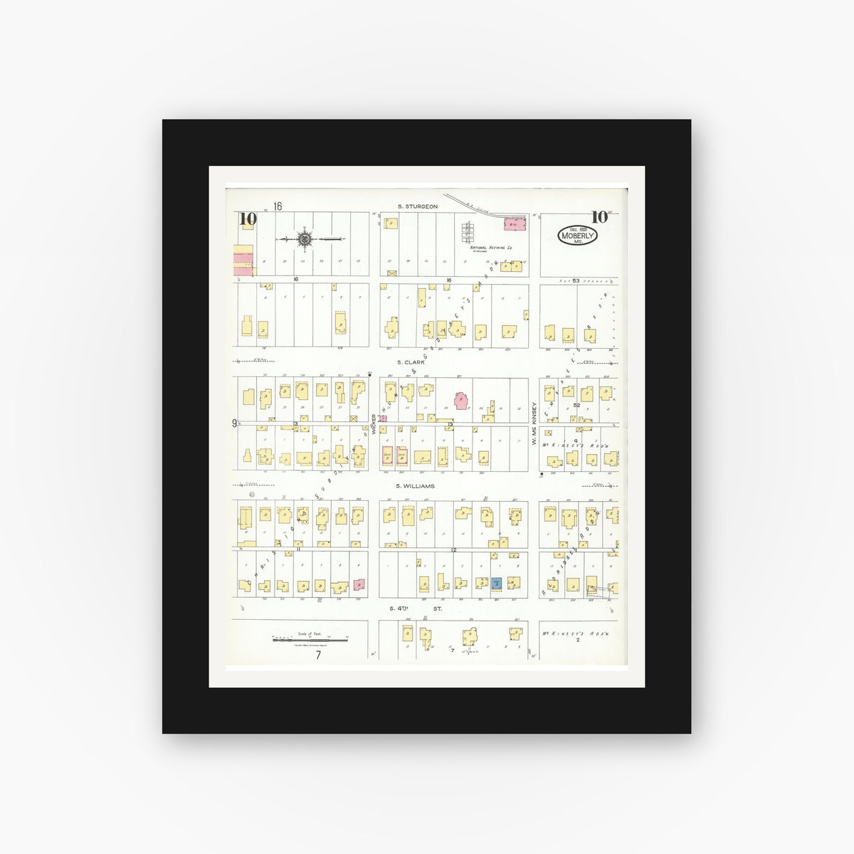 Old map wall art mockup — black gallery frame with white mat — Sanborn Fire Insurance Map from Moberly, Randolph County, Missouri (1923), Sheet #0010