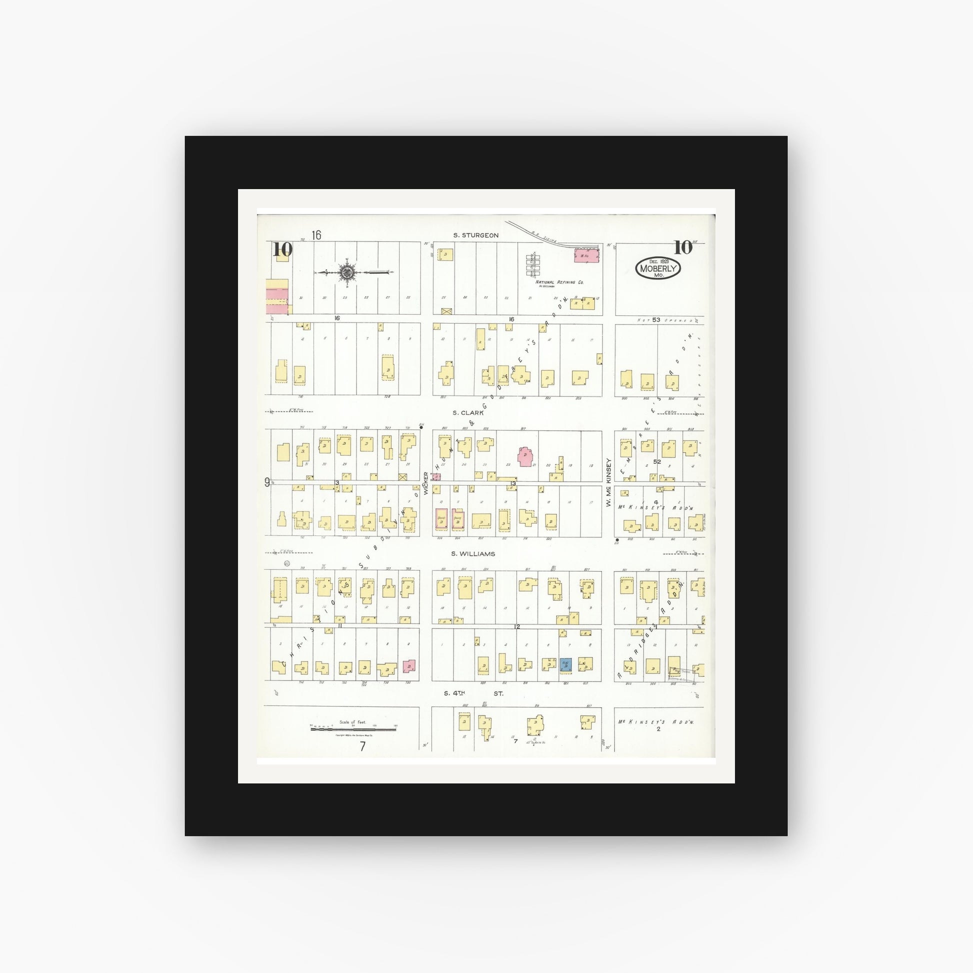 Old map wall art mockup — black gallery frame with white mat — Sanborn Fire Insurance Map from Moberly, Randolph County, Missouri (1923), Sheet #0010