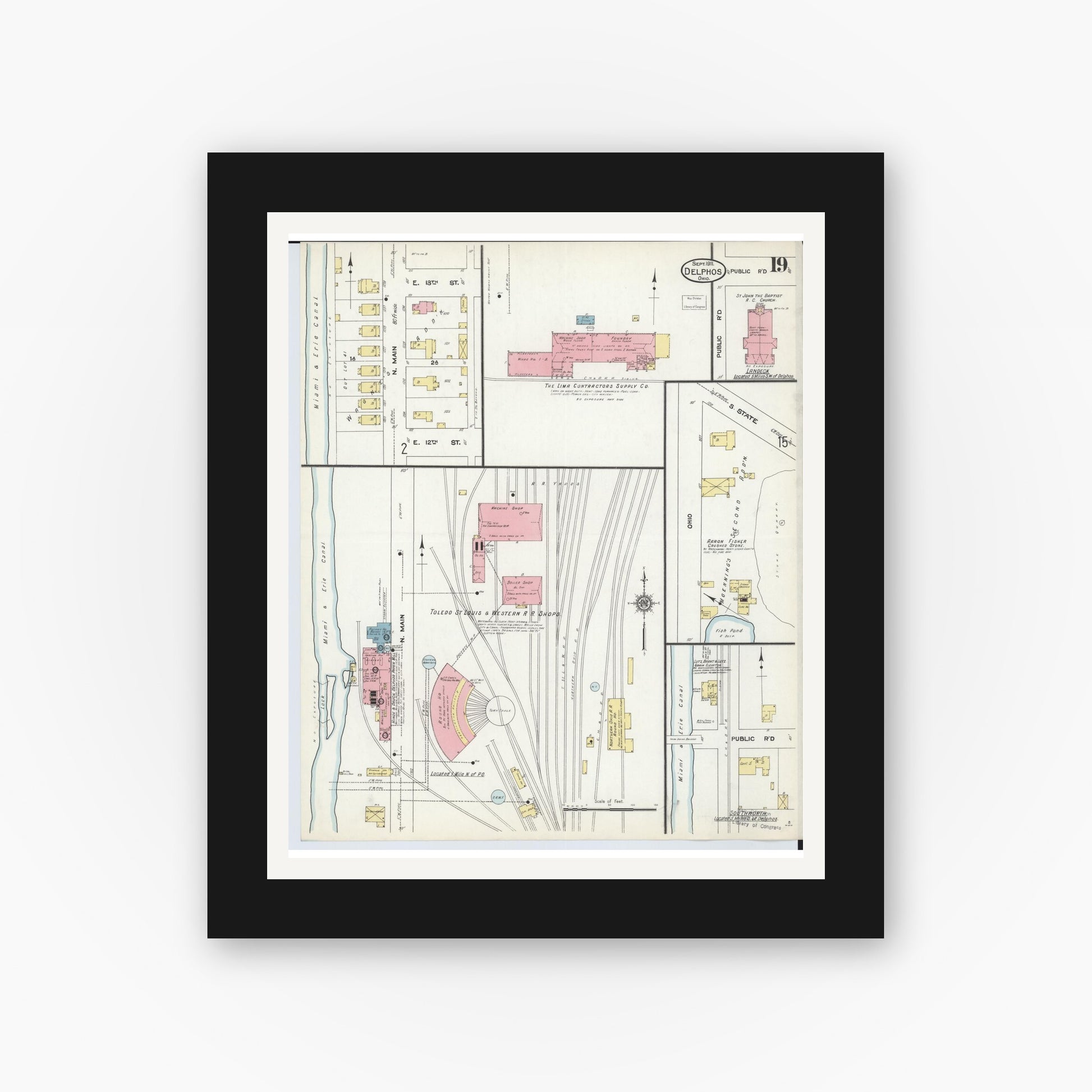 Old map wall art mockup — black gallery frame with white mat — Sanborn Fire Insurance Map from Delphos, Van Wert And Allen Counties, Ohio (1911), Sheet #0019