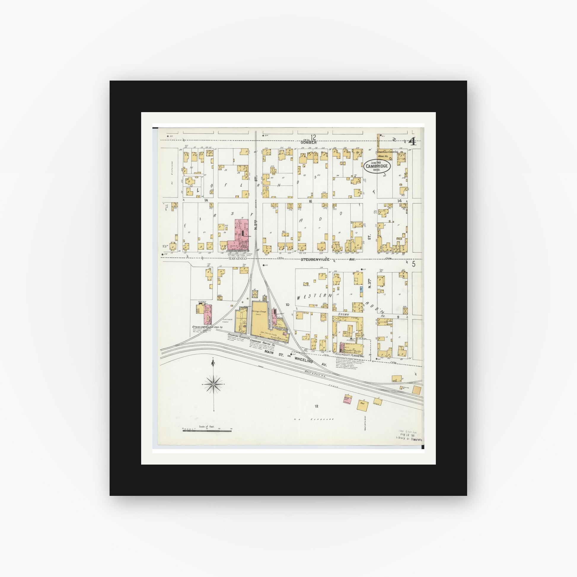 Old map wall art mockup — black gallery frame with white mat — Sanborn Fire Insurance Map from Cambridge, Guernsey County, Ohio (1901), Sheet #0004