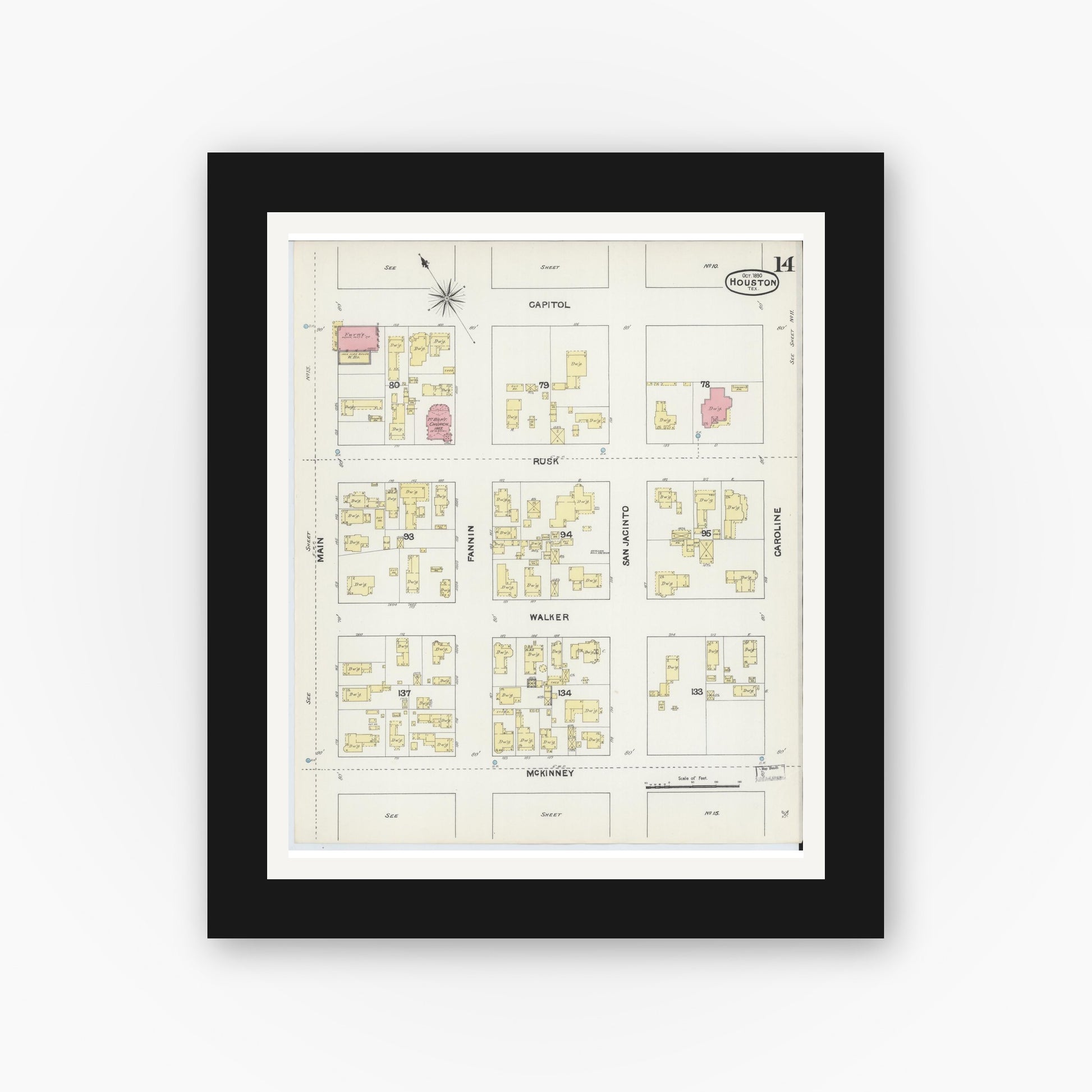 Old map wall art mockup — black gallery frame with white mat — Sanborn Fire Insurance Map from Houston, Harris County, Texas (1890), Sheet #0014