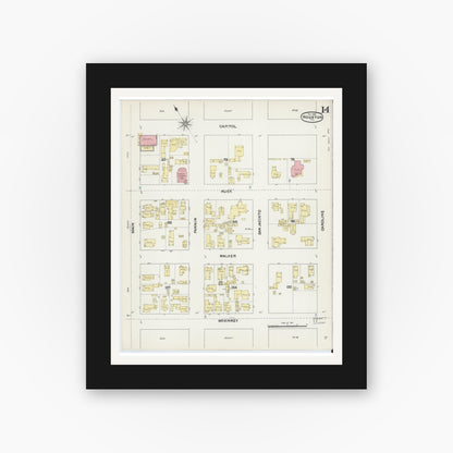 Old map wall art mockup — black gallery frame with white mat — Sanborn Fire Insurance Map from Houston, Harris County, Texas (1890), Sheet #0014
