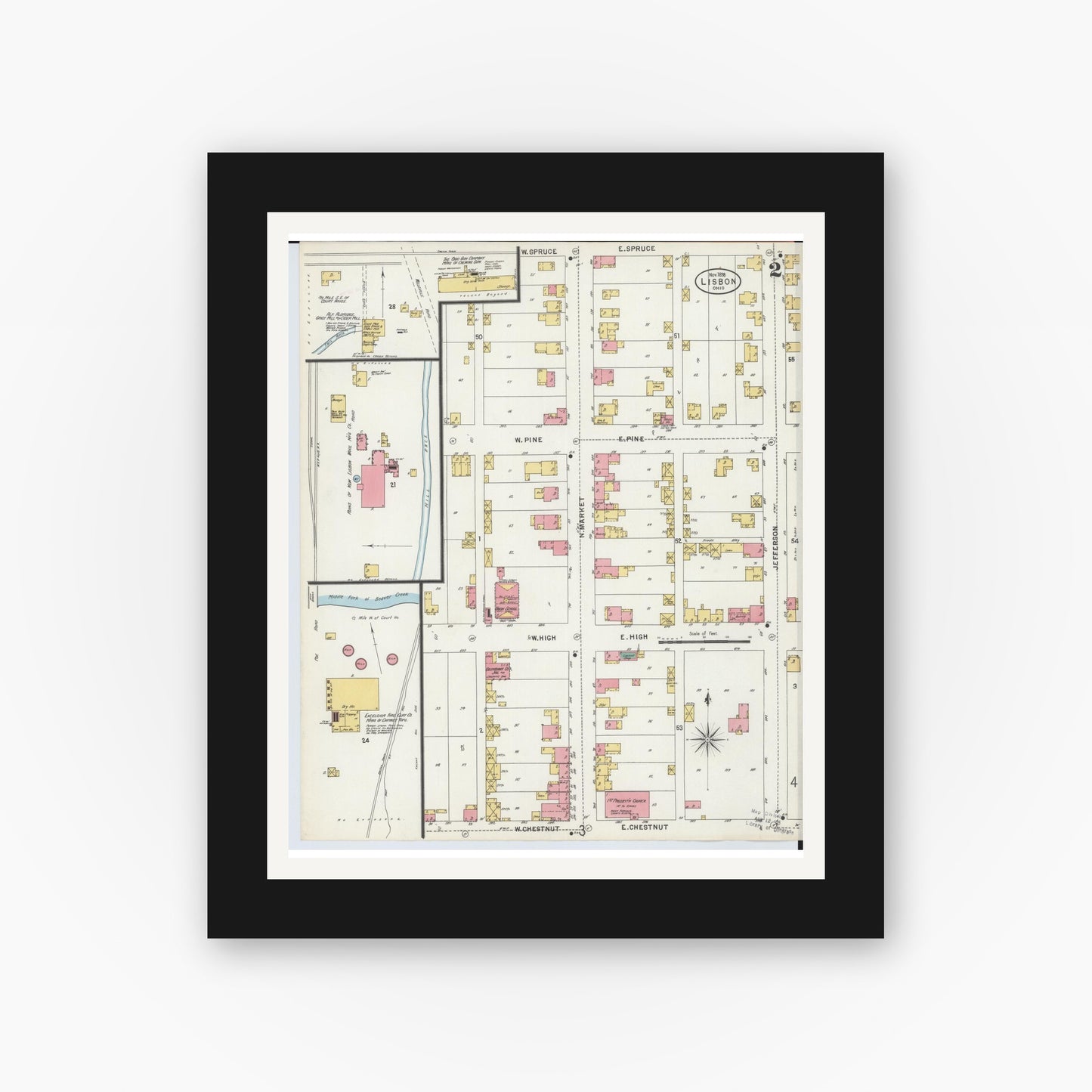 Old map wall art mockup — black gallery frame with white mat — Sanborn Fire Insurance Map from Lisbon, Columbiana County, Ohio (1898), Sheet #0002