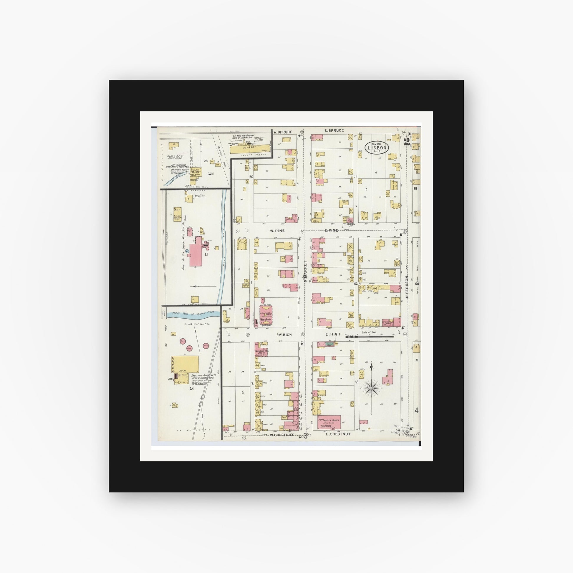 Old map wall art mockup — black gallery frame with white mat — Sanborn Fire Insurance Map from Lisbon, Columbiana County, Ohio (1898), Sheet #0002