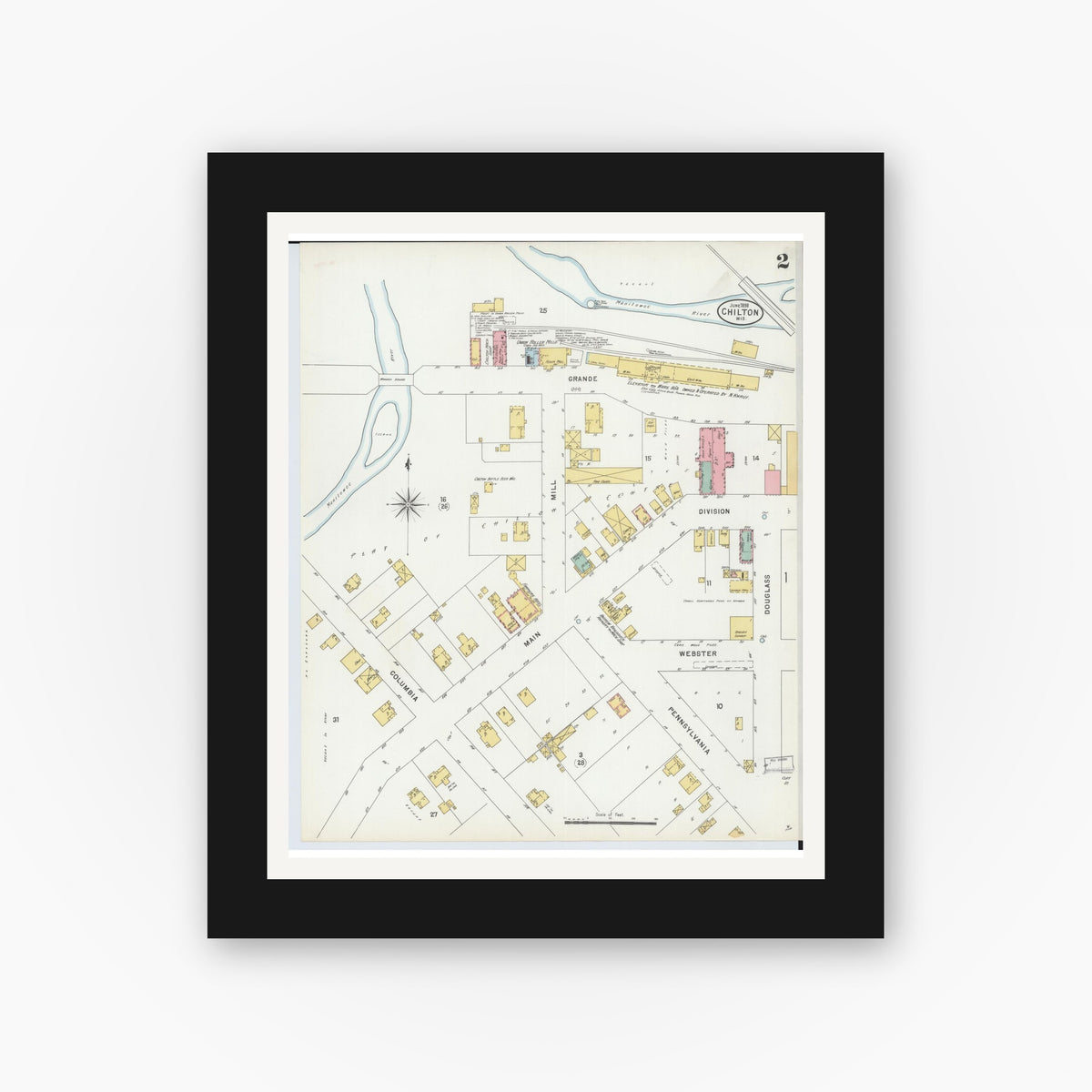 Old map wall art mockup — black gallery frame with white mat — Sanborn Fire Insurance Map from Chilton, Calumet County, Wisconsin (1898), Sheet #0002