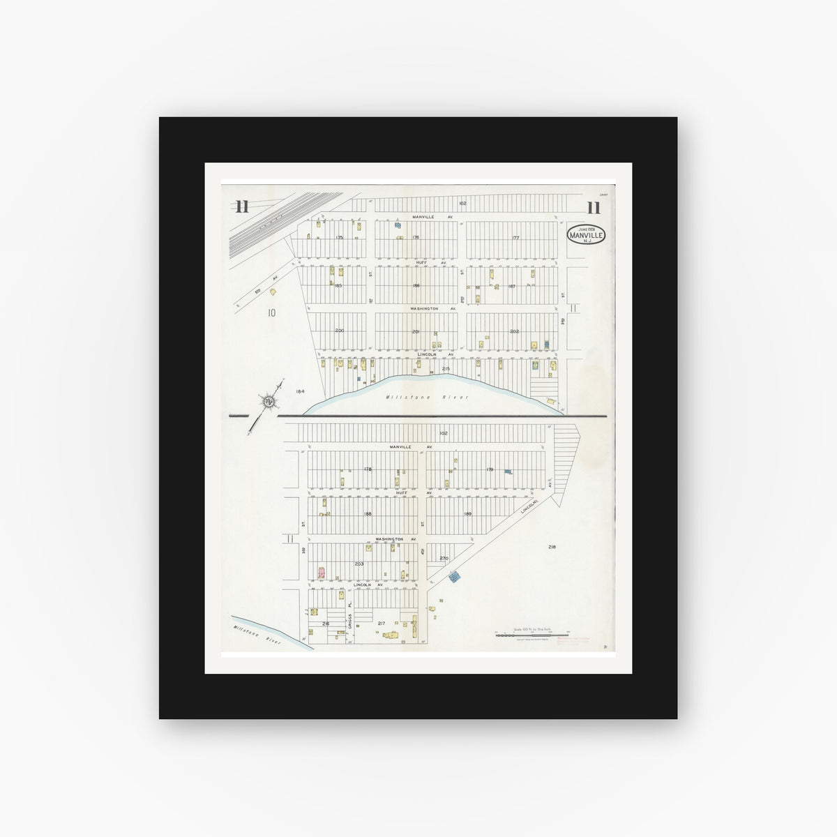 Old map wall art mockup — black gallery frame with white mat — Sanborn Fire Insurance Map from Manville, Somerset County, New Jersey (1928), Sheet #0011