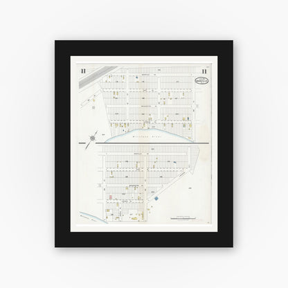Old map wall art mockup — black gallery frame with white mat — Sanborn Fire Insurance Map from Manville, Somerset County, New Jersey (1928), Sheet #0011