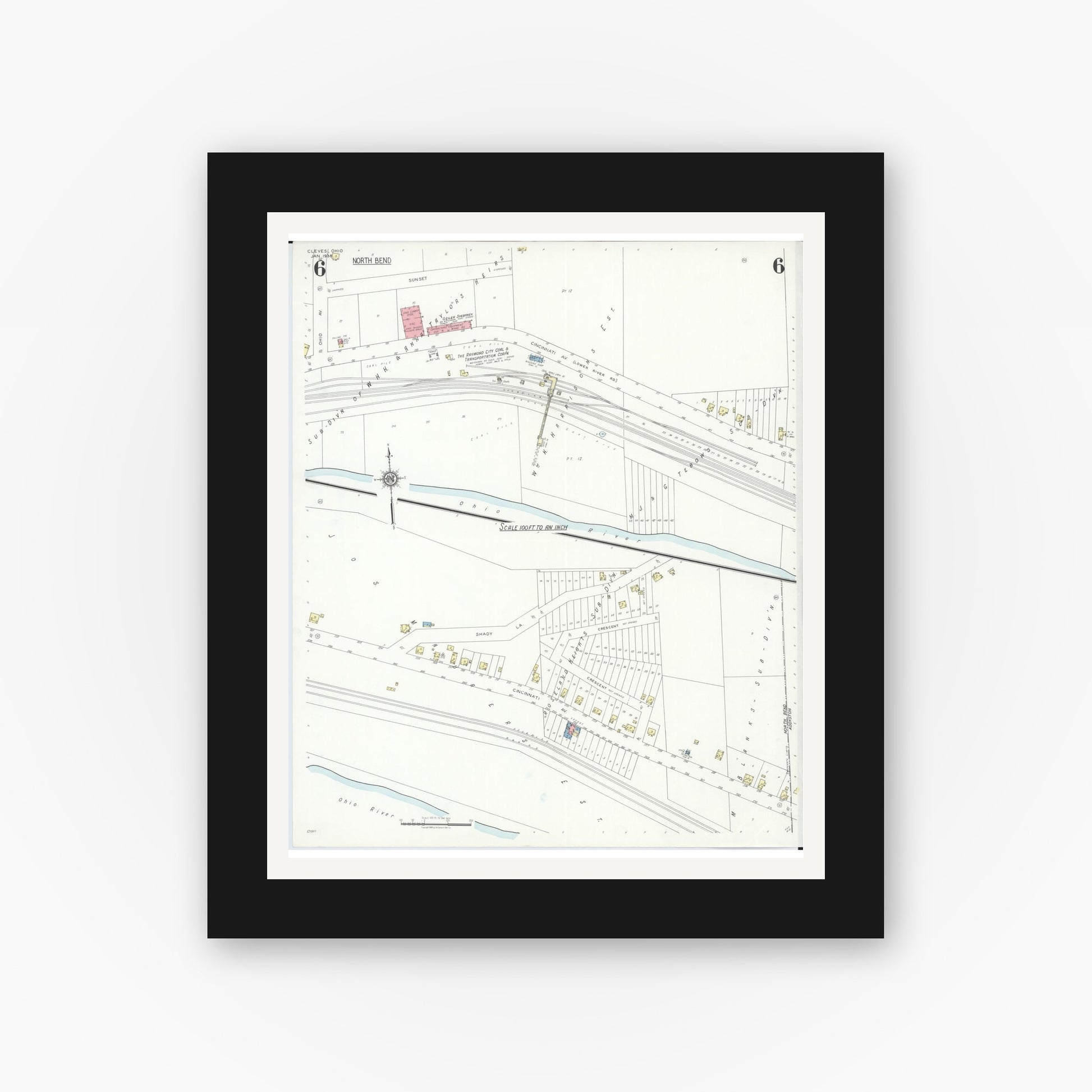 Old map wall art mockup — black gallery frame with white mat — Sanborn Fire Insurance Map from Cleves, Hamilton County, Ohio (1938), Sheet #0006