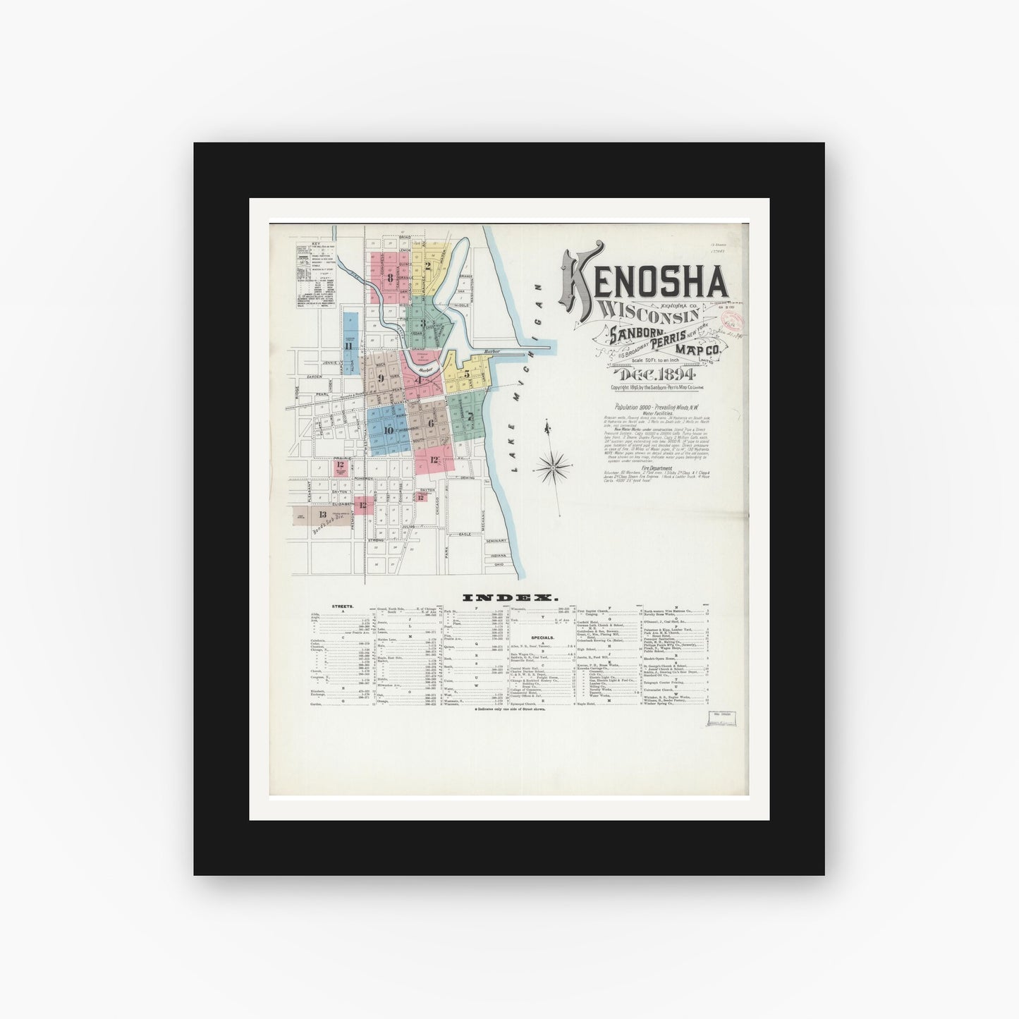 Old map wall art mockup — black gallery frame with white mat — Sanborn Fire Insurance Map from Kenosha, Kenosha County, Wisconsin (1894) - Complete Map Set