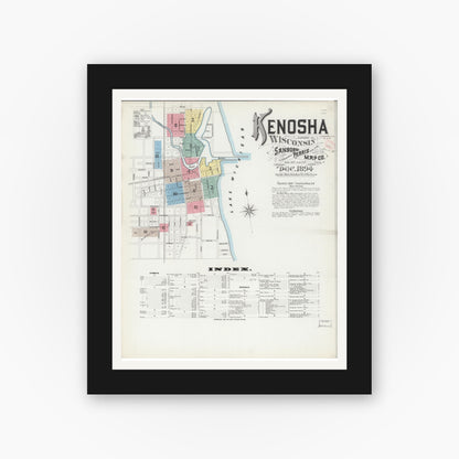 Old map wall art mockup — black gallery frame with white mat — Sanborn Fire Insurance Map from Kenosha, Kenosha County, Wisconsin (1894) - Complete Map Set