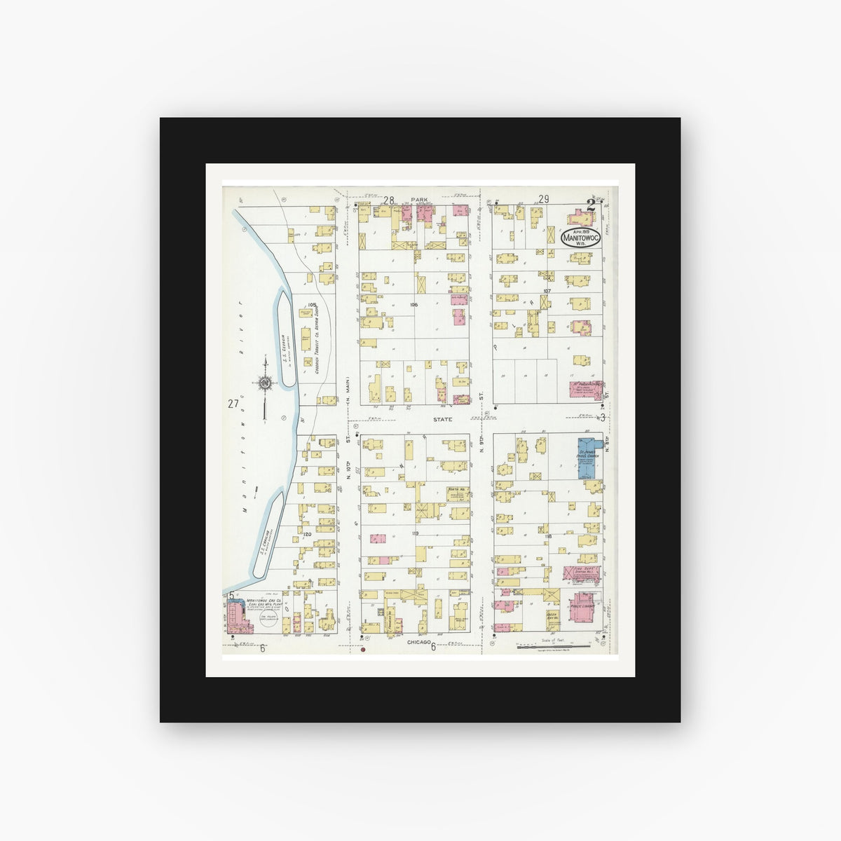 Old map wall art mockup — black gallery frame with white mat — Sanborn Fire Insurance Map from Manitowoc, Manitowoc County, Wisconsin (1919), Sheet #0002